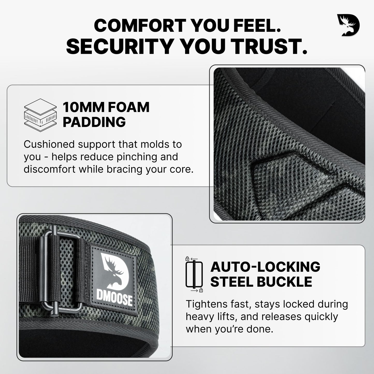 DMoose Fitness Weight Lifting Belt for Squats, Deadlift & Intense Workout - 6" Adjustable Fit Auto Lock Weightlifting Belt for Men & Women - Neoprene Gym Belts for Stability (Black Camo 2.0)