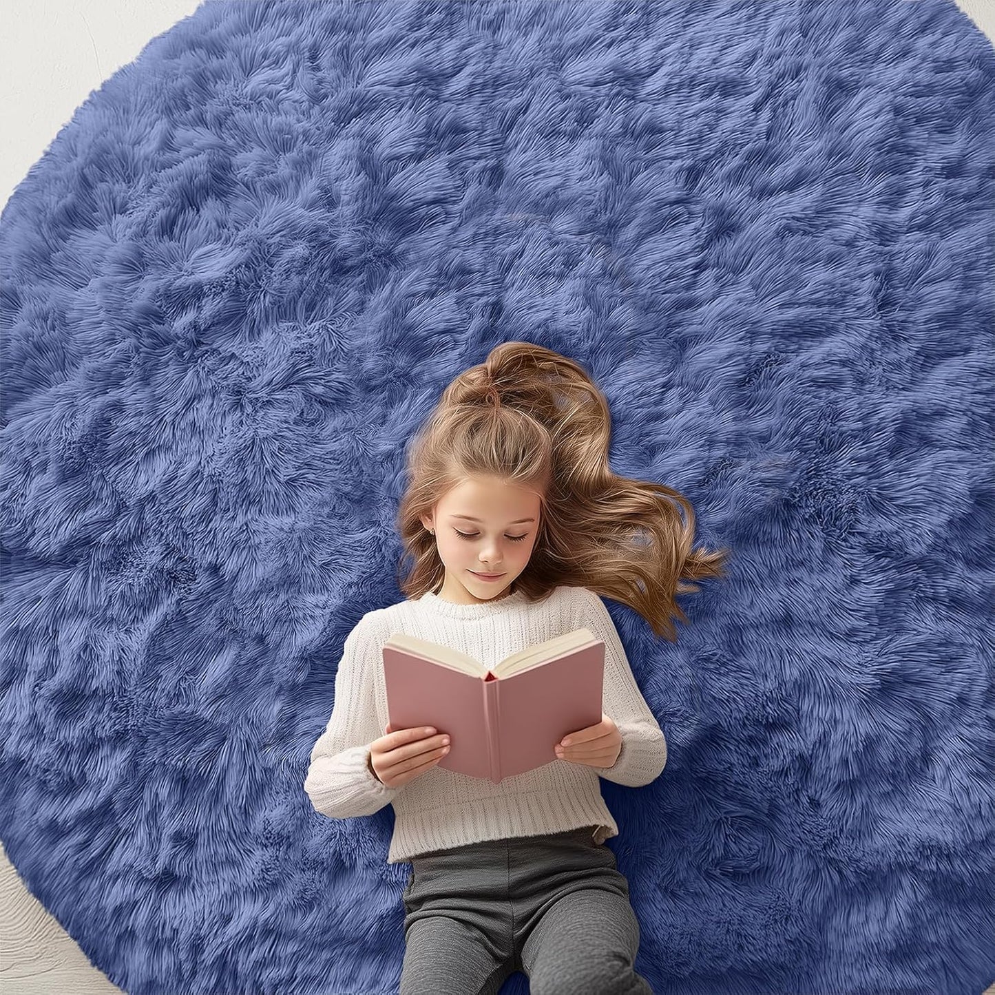 OLANLY Denim Blue Round Rug - Soft & Fluffy 6 ft Circle Area Rug for Bedroom, Living Room & Nursery Decor