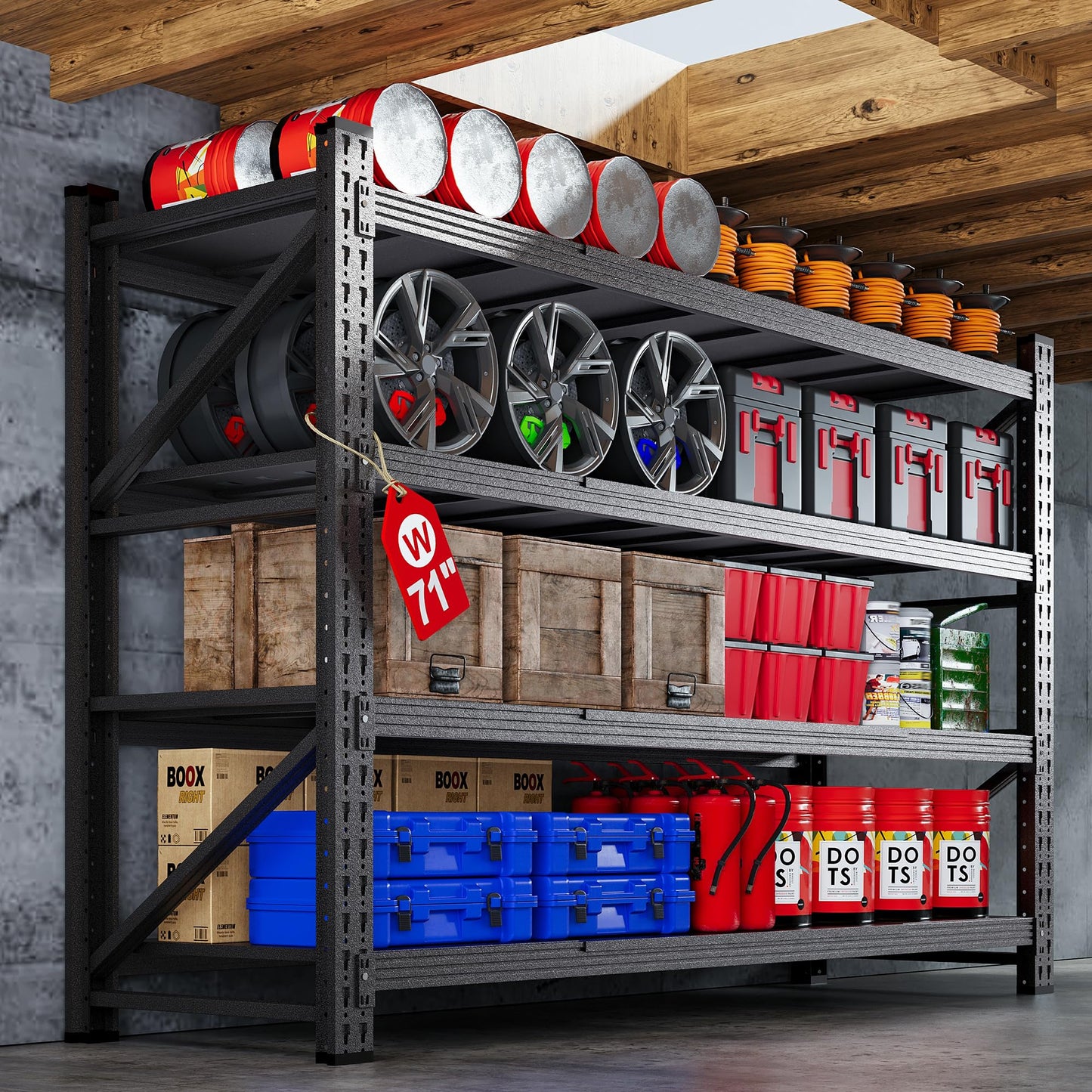 71”W Garage Shelving Units, 5000LBS Storage Shelves Heavy Duty, 24" Deep Metal Shelving Rack, 4 Tier Large Tall Industrial Shelving , Adjustable Standing Shelf for Warehouse / Shop 71"W x 24"D x 70"H