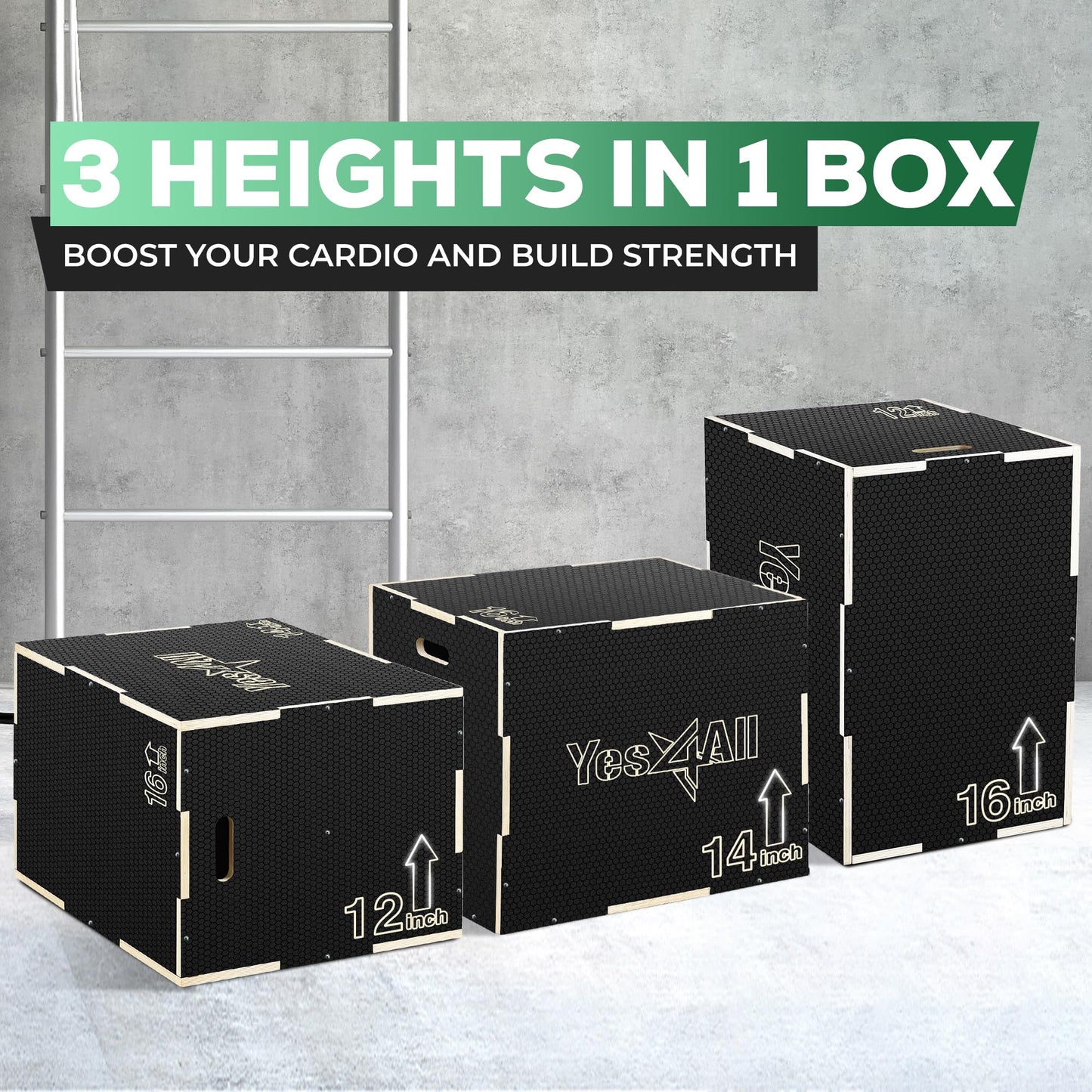 Yes4All 3 in 1 Non-Slip Wooden Plyo Box, Step Up Box for Workout, Plyometric Jump Box for Skipping, Jumping, Lunges, Squats, Dips, 16" x 14" x 12", Black