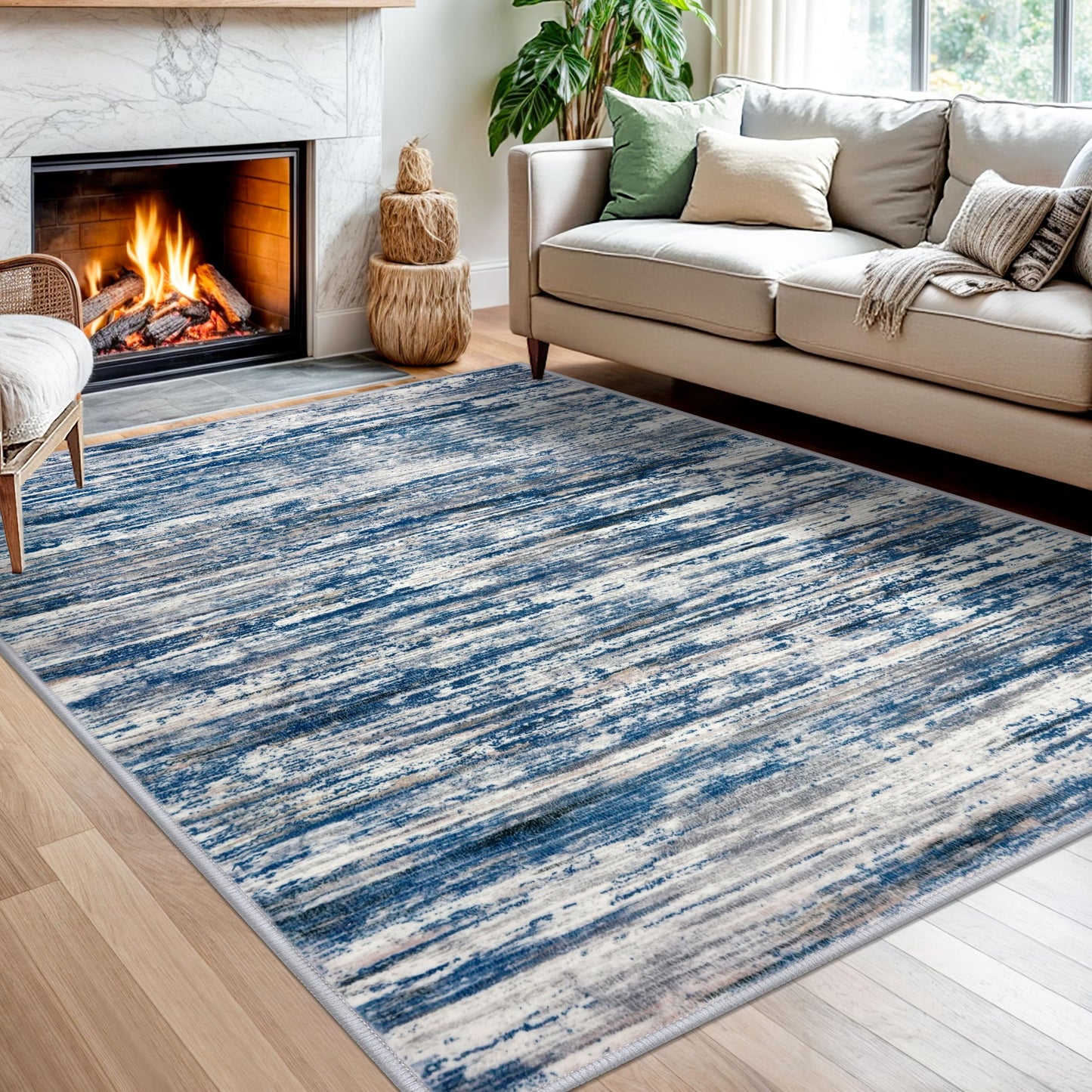 SIILOOM 5x7 Modern Abstract Area Rug for Bedroom, Navy Blue Gray Neutral Multi Large Super Soft Washable Rug with Slip-Resistant, Non-Shedding Rugs Indoor Door Mat for Home Décor