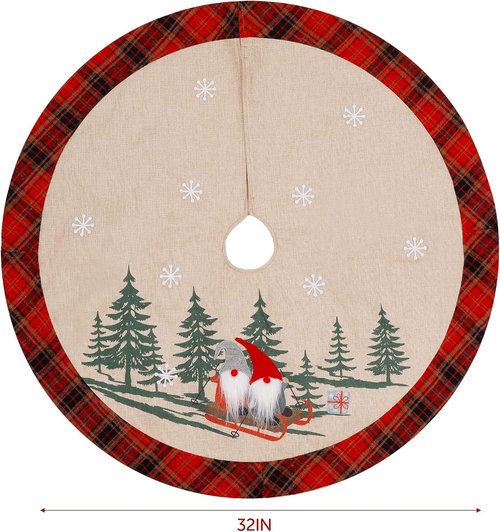Juegoal 32-Inch Christmas Burlap Tree Skirt - Soft Red & Black Plaid with Gnome Sledding Design