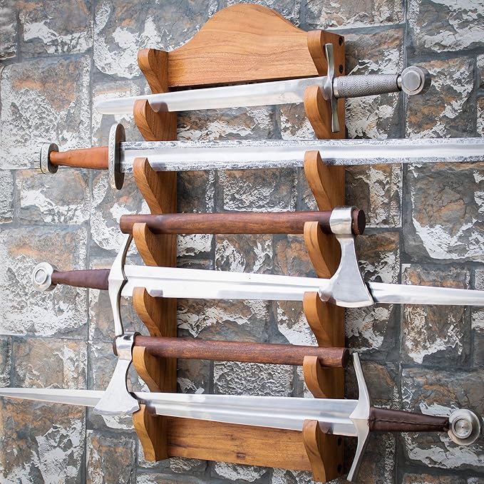 Mythrojan Medieval Sword Wall Mount Samurai Sword Display Stand Katana Sword Holder Gladiator Sword Wall Display Crusader Sword Stand Knife Stand for Display - 6 Tier Sword Stand, Natural