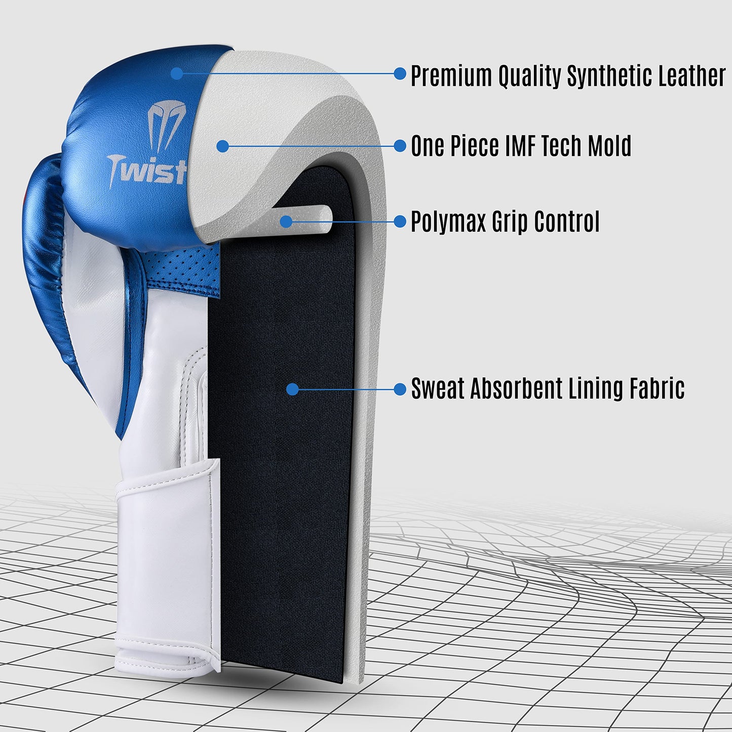 Twisto Boxing Gloves - Pro Training & Sparring, Maya Hide Leather, Muay Thai, MMA, Kickboxing, Men, Women, Adults, Heavy Punching Bag, Focus Mitts, Pads, Gym Workout (Metallic Blue, 16 oz)