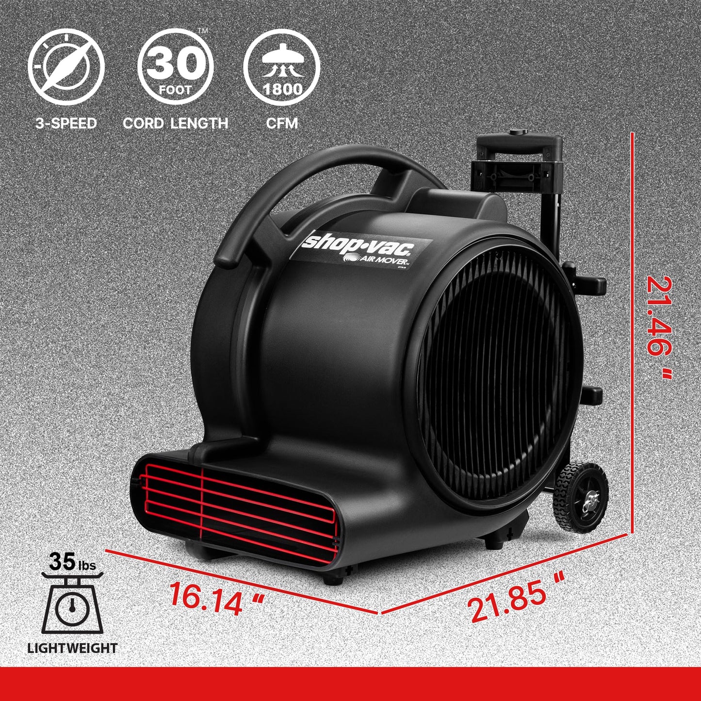 Shop-Vac 5430214 1800 CFM Floor Fan, 3-Speed Air Mover, Blower Fan Heavy Duty Stackable, for Home Commercial, and Janitorial Use