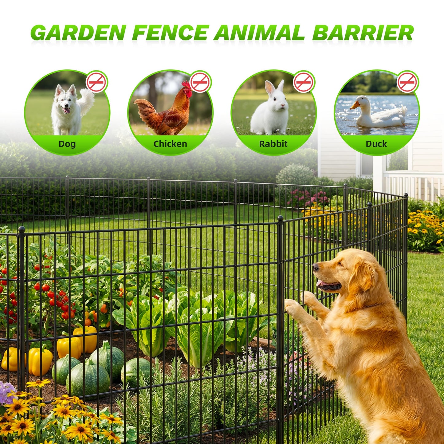 Toolterritary 10 Panels No Dig Garden Fence with Gate, 48in(H) x 25ft(L) Rustproof Metal Animal Barrier Fence, Outdoor Decorative Yard Fencing with Ground Stakes for Dogs, Rabbits, Patio