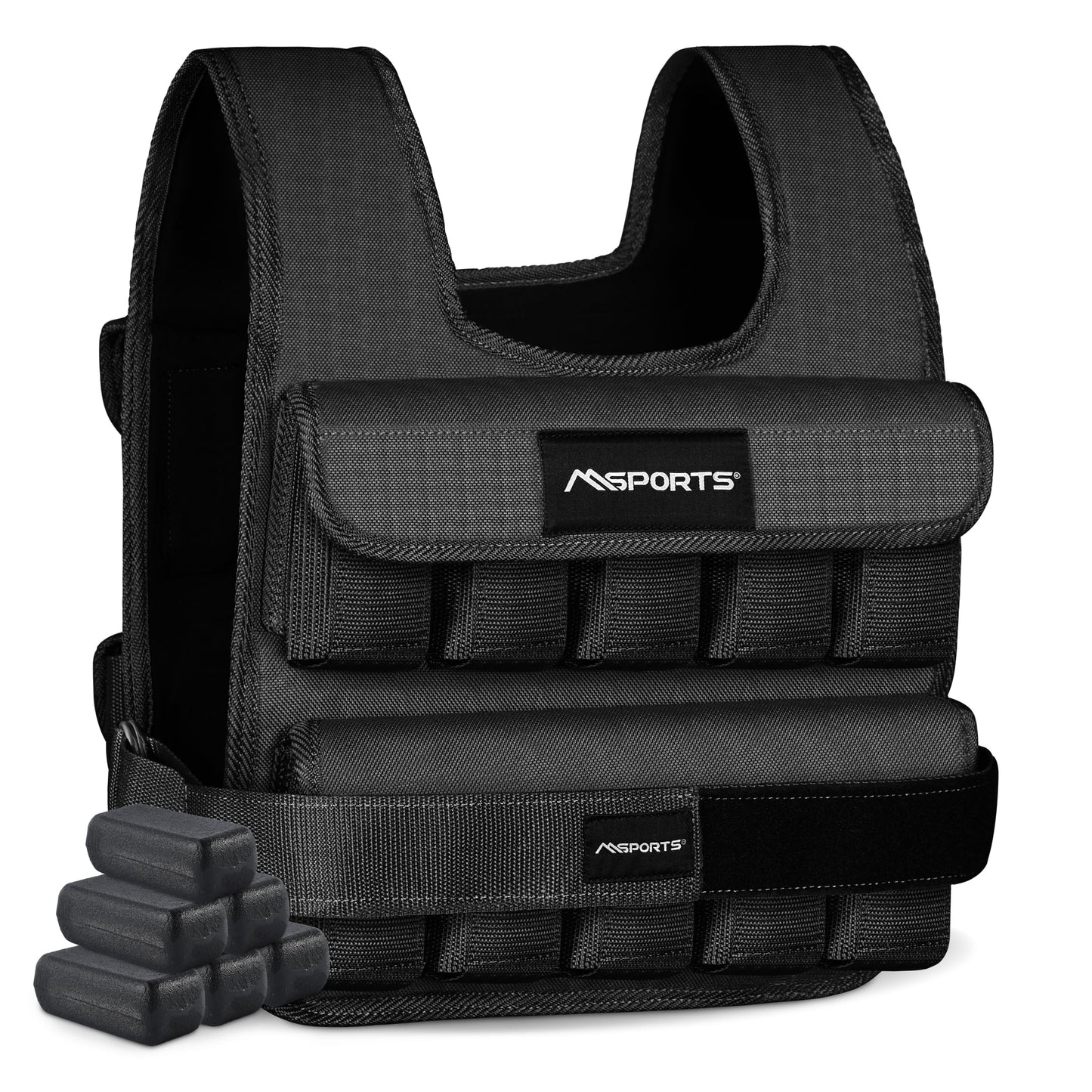 MSPORTS Premium Weighted Vest for Women & Men – Adjustable 11–65 lb, Running Vest, Walking Weighted Vest, Tactical Style Training Vest for CrossFit, Strength, Cardio & Home Workouts (Black, 45 lb)