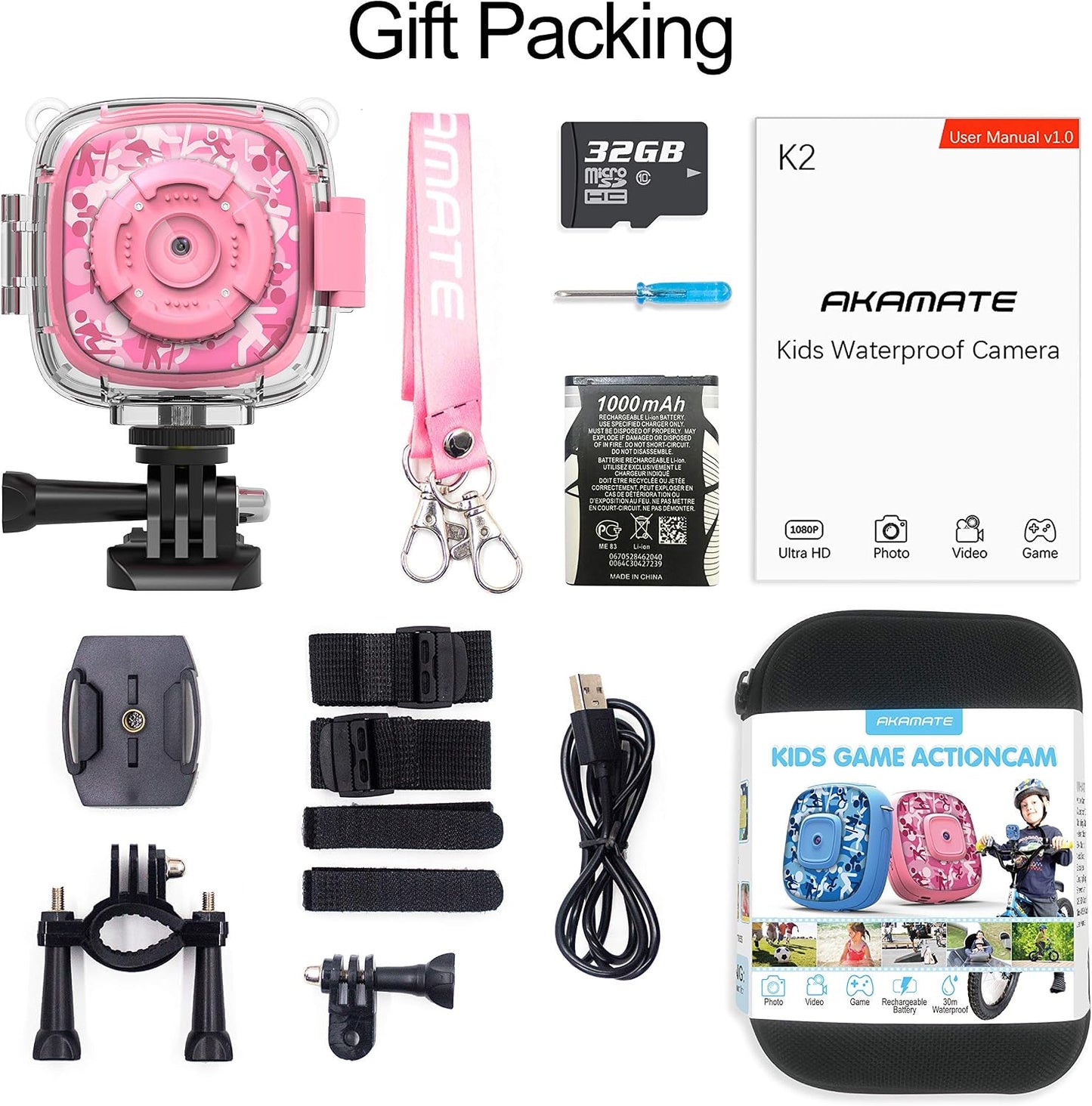 AKAMATE 1080P 4Games, 32GB Kids Action Camera Waterproof Video Digital Children Cam HD Sports Camera Camcorder for Boys