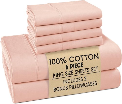 Casa Platino King Size Sheets Set - 100% Cotton Percale 6-Piece Cooling Bedding | Veiled Rose, 15" Deep Pocket