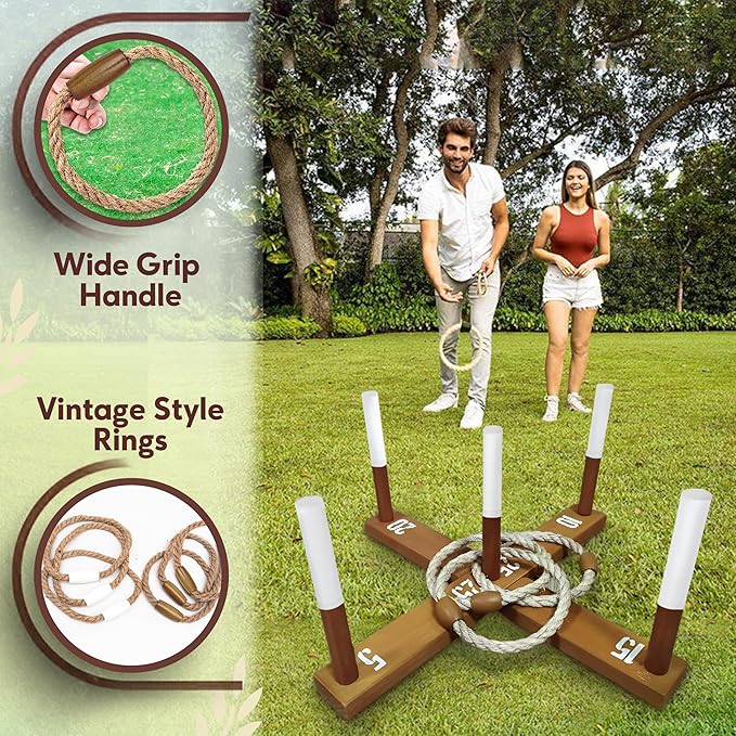 Outdoor Ring Toss Game for Adults - Perfect Lawn and Backyard Game for Adults and Family - Outdoor Yard Games for Fun Activities on Easter and Festivals - Wooden Ring Toss with Carrying Case
