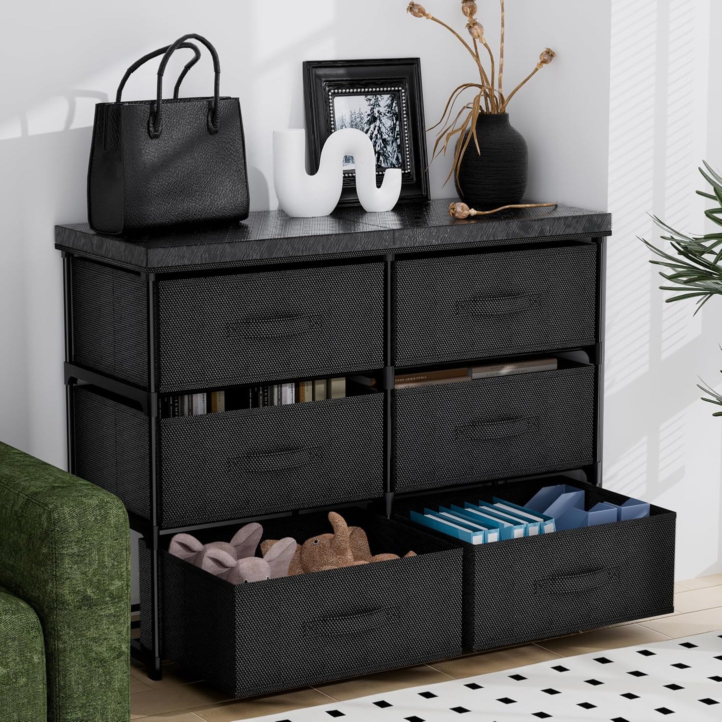 PPN Dresser - 6 Fabric Drawer Storage Cabinet for Living Room & Bedroom - Sturdy Metal Frame, Black