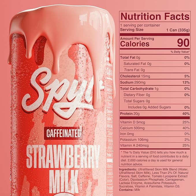 High Protein Strawberry Milk with 60mg Caffeine & 20g Protein - 90 Calories, Ready to Drink, Sugar Free, Lactose Free Milk, Perfect for Workout Recovery & Afternoon Pick Me Up - 12 Count