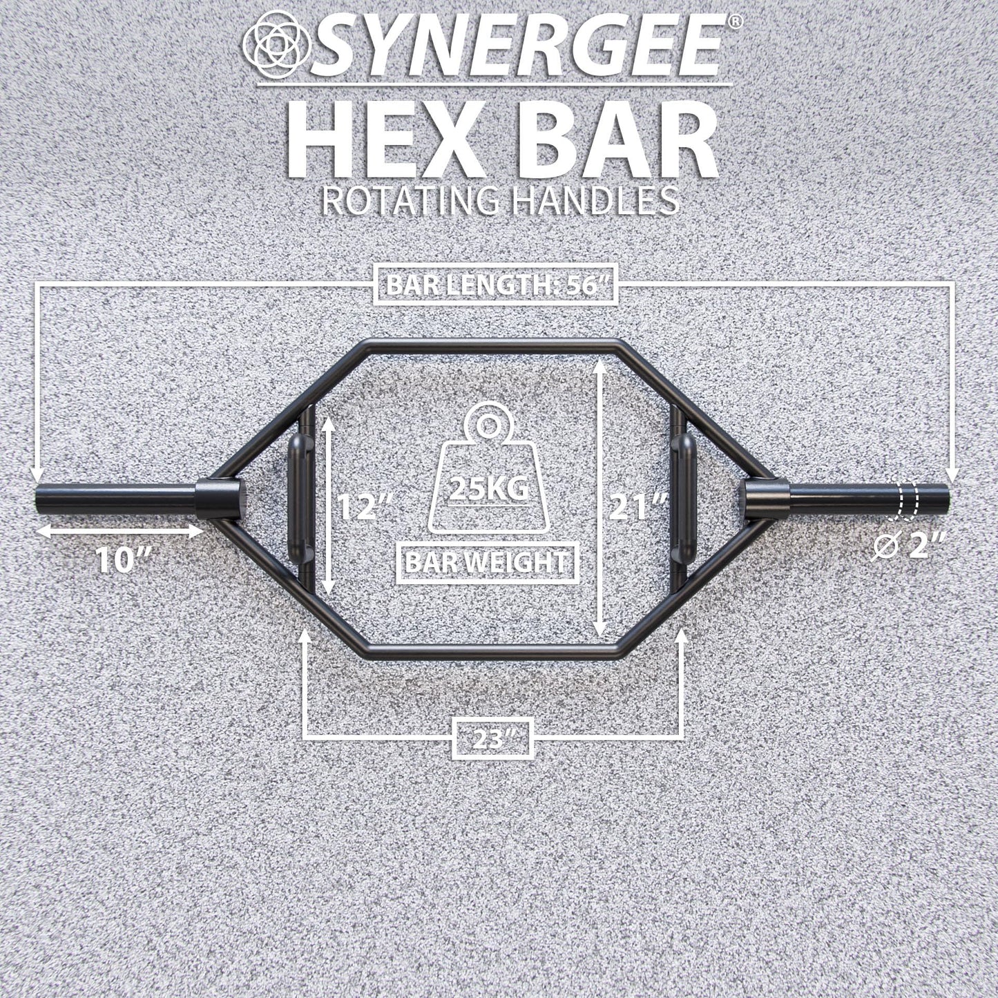 Synergee 25kg Black Olympic Hex Barbell Trap Bar with Two Handles for Squats, Deadlifts, Shrugs and Power Pulls. 56” Long Bar with 10” Sleeve.