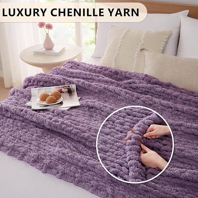 L'AGRATY Chunky Knit Blanket Throw - 60''x80'' Chenille Cable Knit Throw For Bed Couch - Handmade Thick Big Crochet Rope Blanket For Home Decor (Deep Purple)