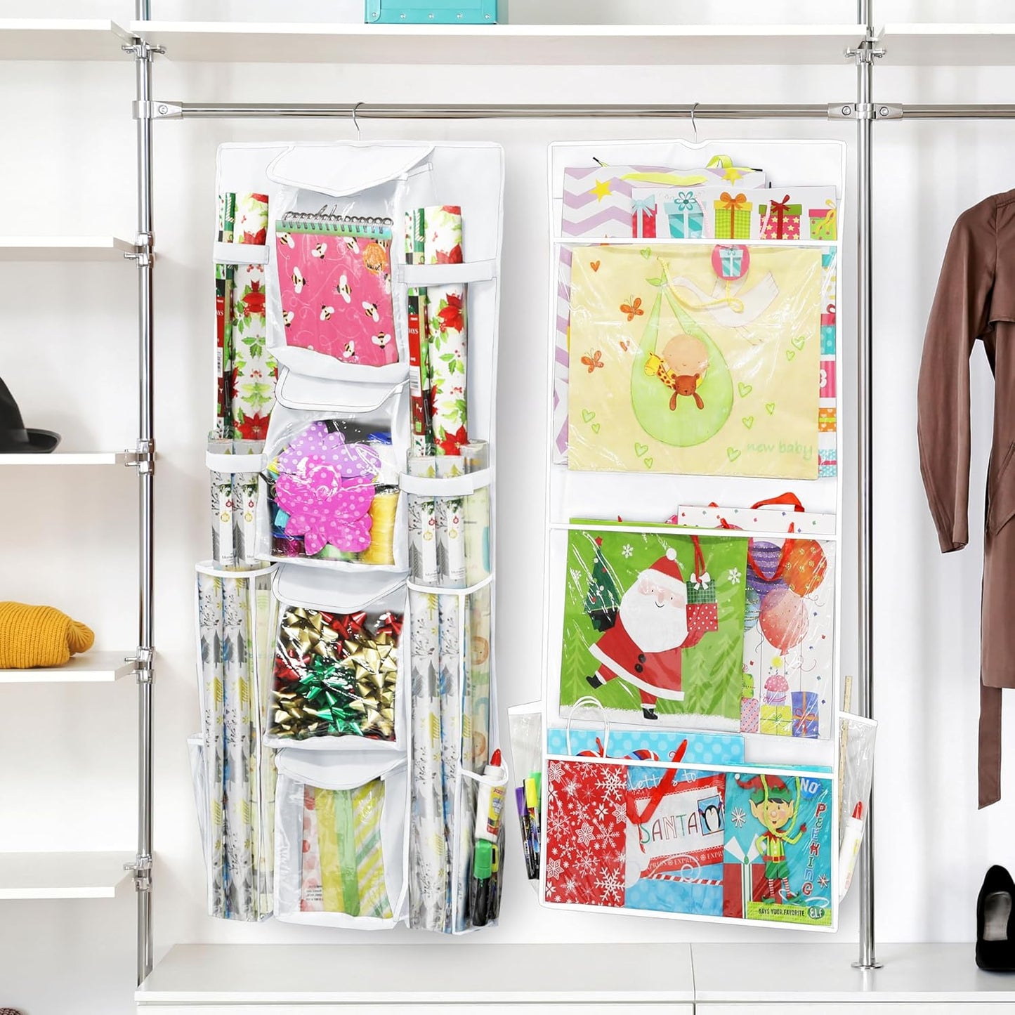 Simple Houseware | Double-Sided Gift Wrap Organizer - White Storage Pockets (Set of 1)