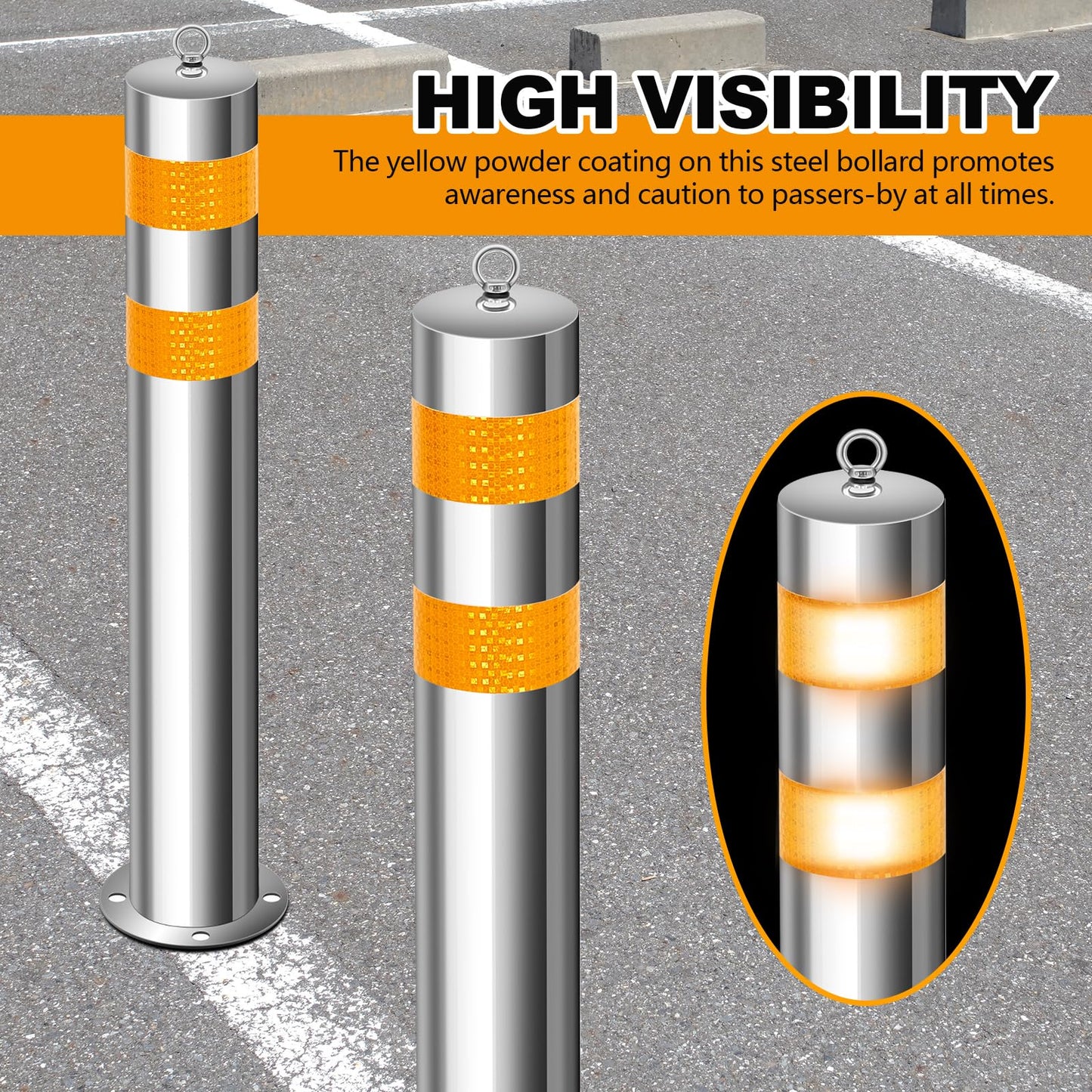 Yaocom 31.5 Inch Stainless Steel Bollard Post with Anchor Bolts Parking Barrier Block Safety Bollard Covers with Reflective Strips and Hanging Ring for Parking Lots Driveways Garage Pathways(4 Pcs)
