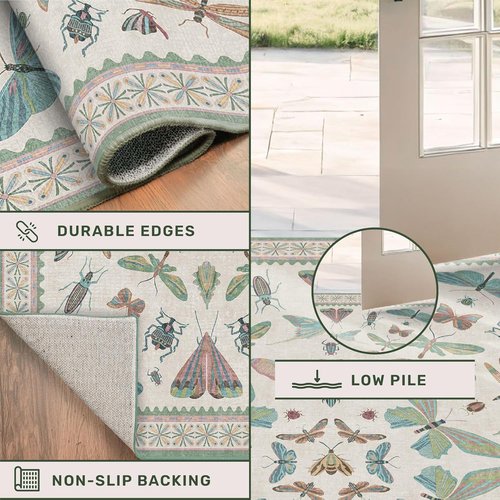 Hazo Haus Boho Bathroom Runner - 2x6 Non-Slip Washable Blue & Green Rug | Butterfly Insect Print Decor