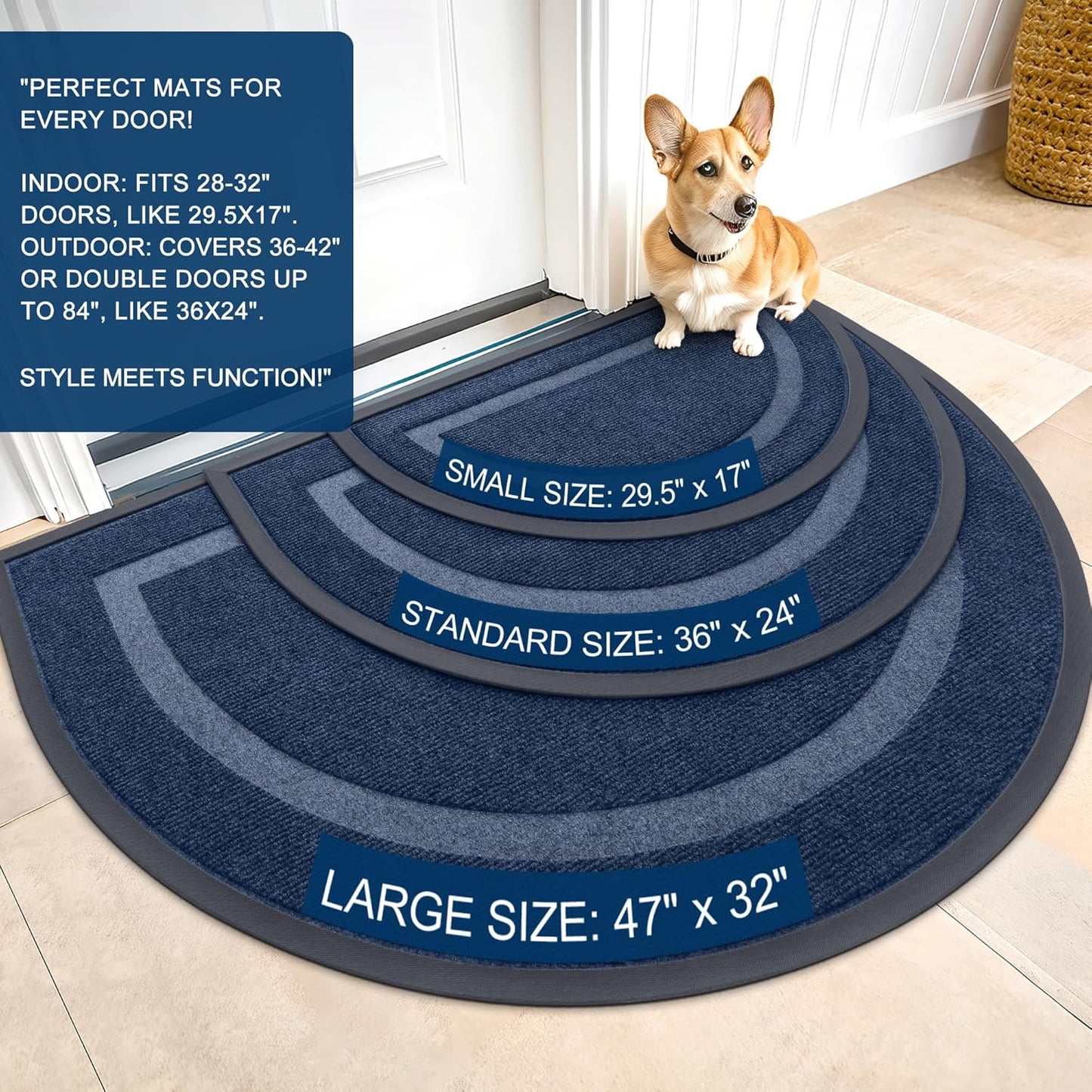 OLANLY Half Circle Door Mat - Waterproof All-Season Indoor/Outdoor Welcome Mat | Sturdy Natural Rubber, 59x35, Blue