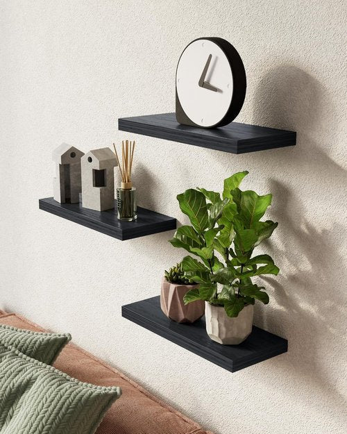BAYKA Floating Wall Shelves - Set of 3 | Stylish Black 15.7-Inch Design for Home Decor