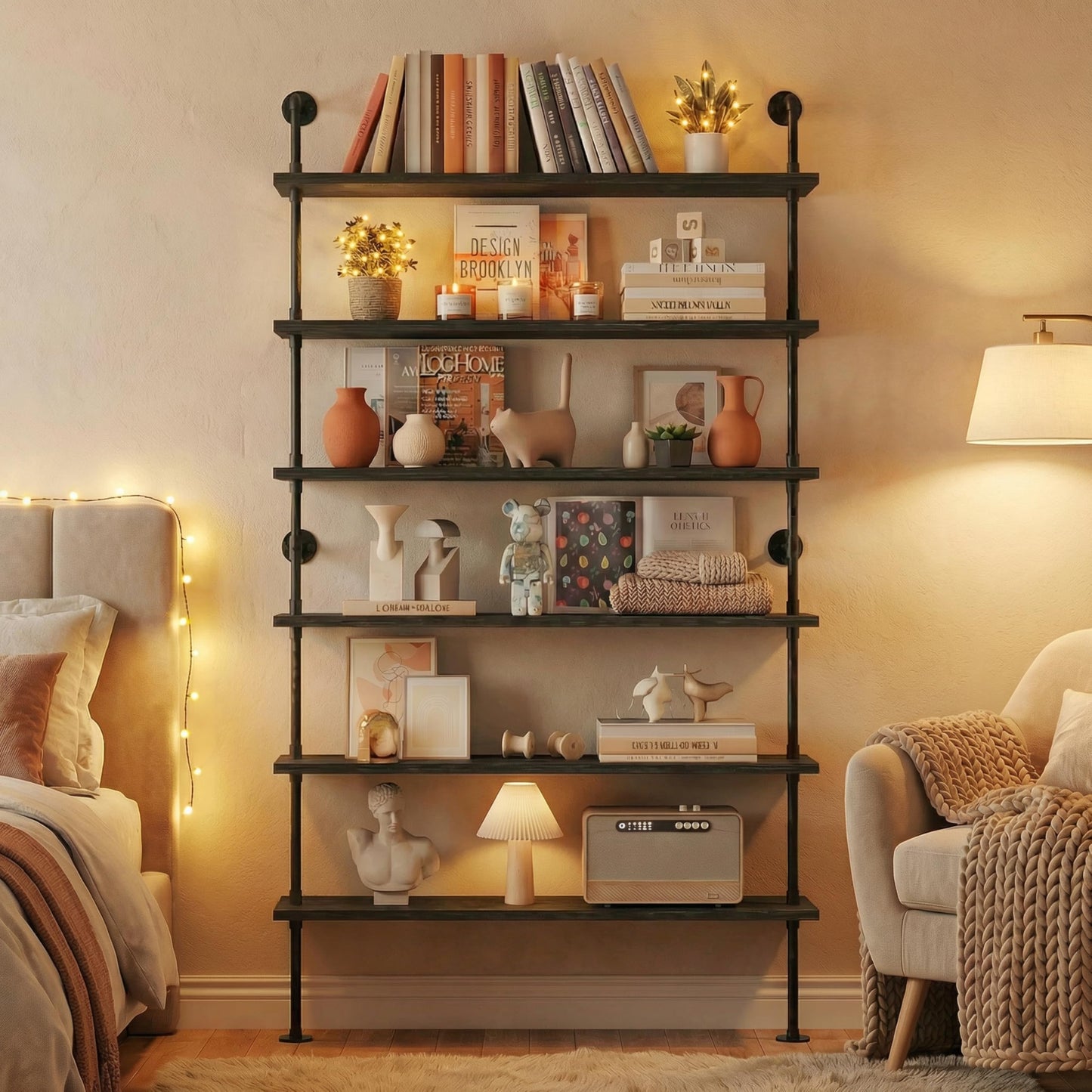 Anynice 6 Tier Industrial Ladder Shelf Bookcase, Wall Mounted Rustic Bookshelf for Living Room Decor and Storage (Black, 6 Tier - 10" D x 48" W x 82.5" H)