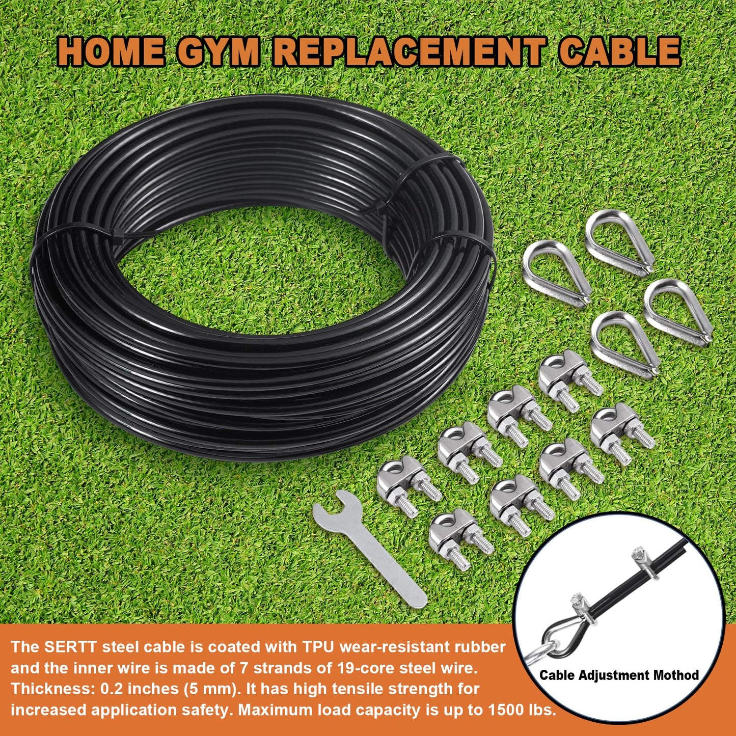 SERTT Replacement Cable for Pulley Cable Machine, Pulley Cable for DIY Home Gym, Wire Rope Length 32.8/65.6/98.4 Ft for Weight Lift Pulley System, Gym Steel Cable, Thick 5mm, TPU Coated