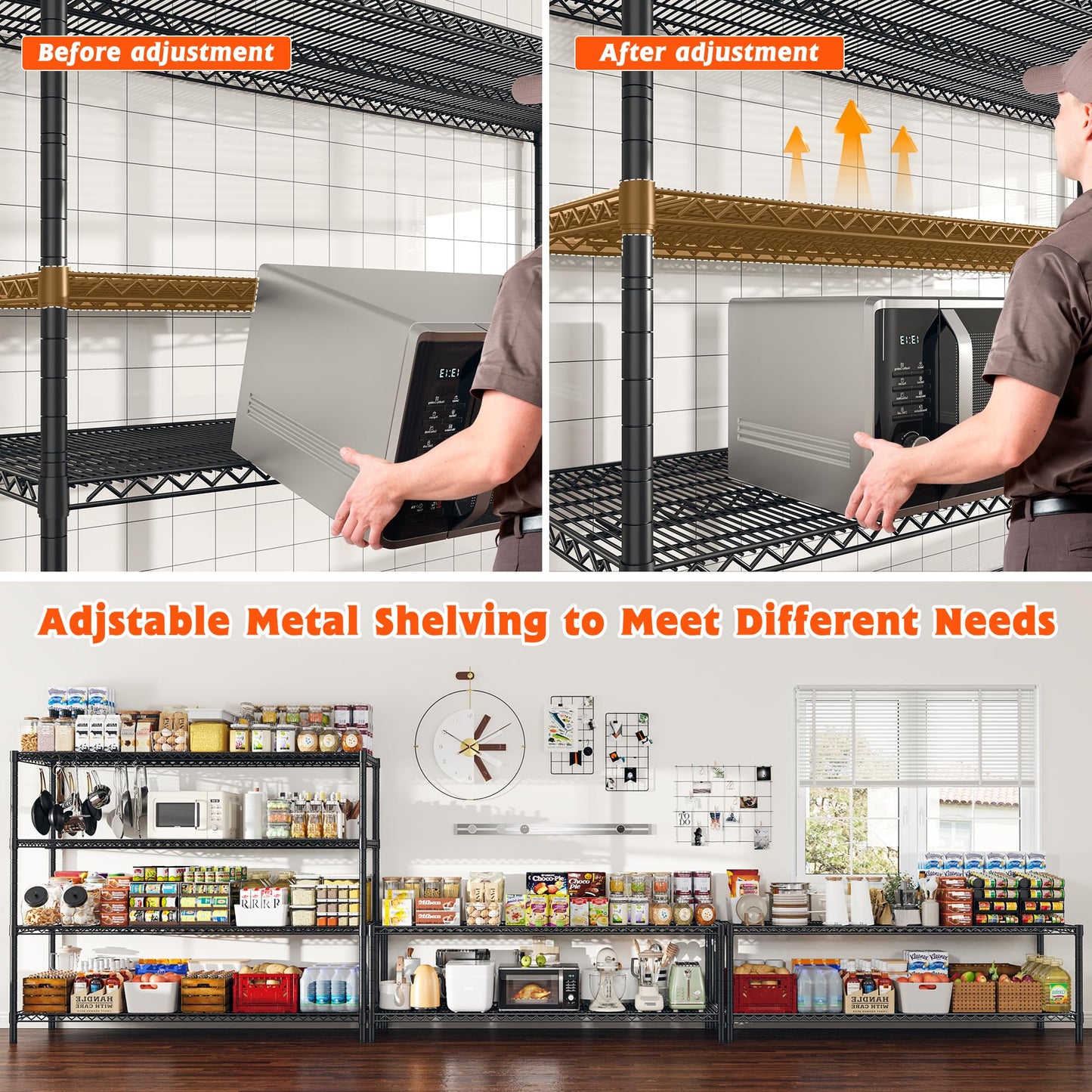 REIBII 60" W Storage Shelves 2878LBS Metal Shelving Unit with Wheels Heavy Duty Garage Shelving Adjustable Wire Shelves for Pantry,Kitchen,Garage,Basement,Business,Warehouse,School,60”W ×24”D×65.3”H