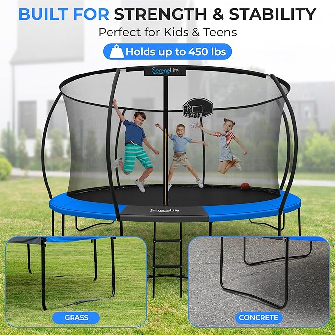 SereneLife 8FT 10FT 12FT 14FT Outdoor Trampoline for Kids and Adults – ASTM Certified Heavy-Duty Backyard Trampoline with Safety Poles, Net Enclosure, and Stable Anti-Rust Frame