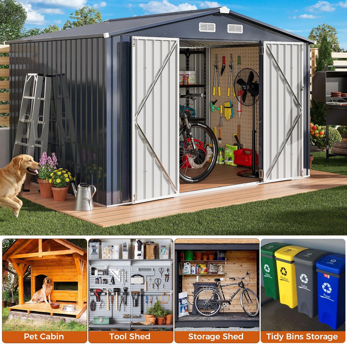 IRONCK 10x8FT Storage Shed, Outdoor Tool Shed with Lockable Doors and Breathable Vent, Outside Metal Garden Storage for Poolside, Backyard, Patio, Dark Blue