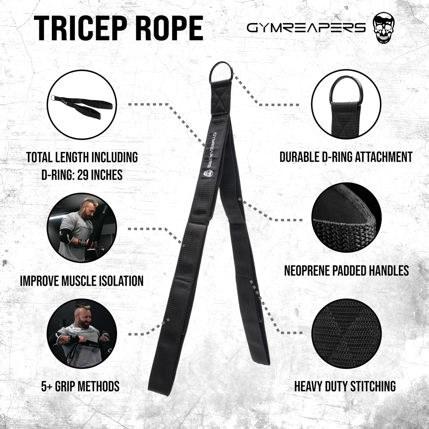 Gymreapers Tricep Rope Cable Attachment - Multi-Workout Tricep pull down Cable attachment - Perfect gym cable attachments (3 Lengths Built in One)