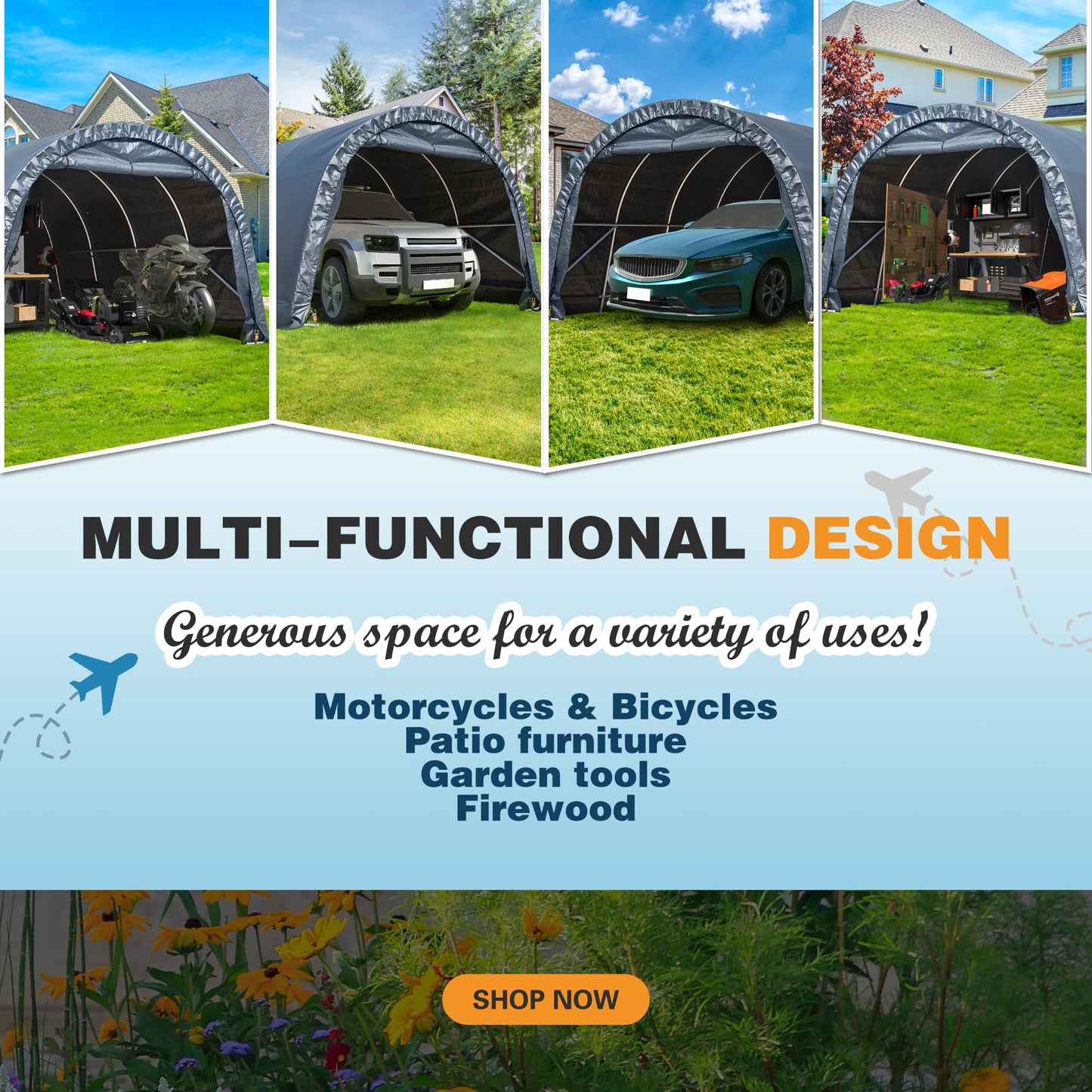 EROMMY 12 x 24 FT Heavy Duty Carport, Portable Garage with Reinforced All-Steel Frame and Round Style Roof, Anti-Snow All Covered Car Canopy Outdoor Waterproof Storage Shelter for Car, Truck, Boat