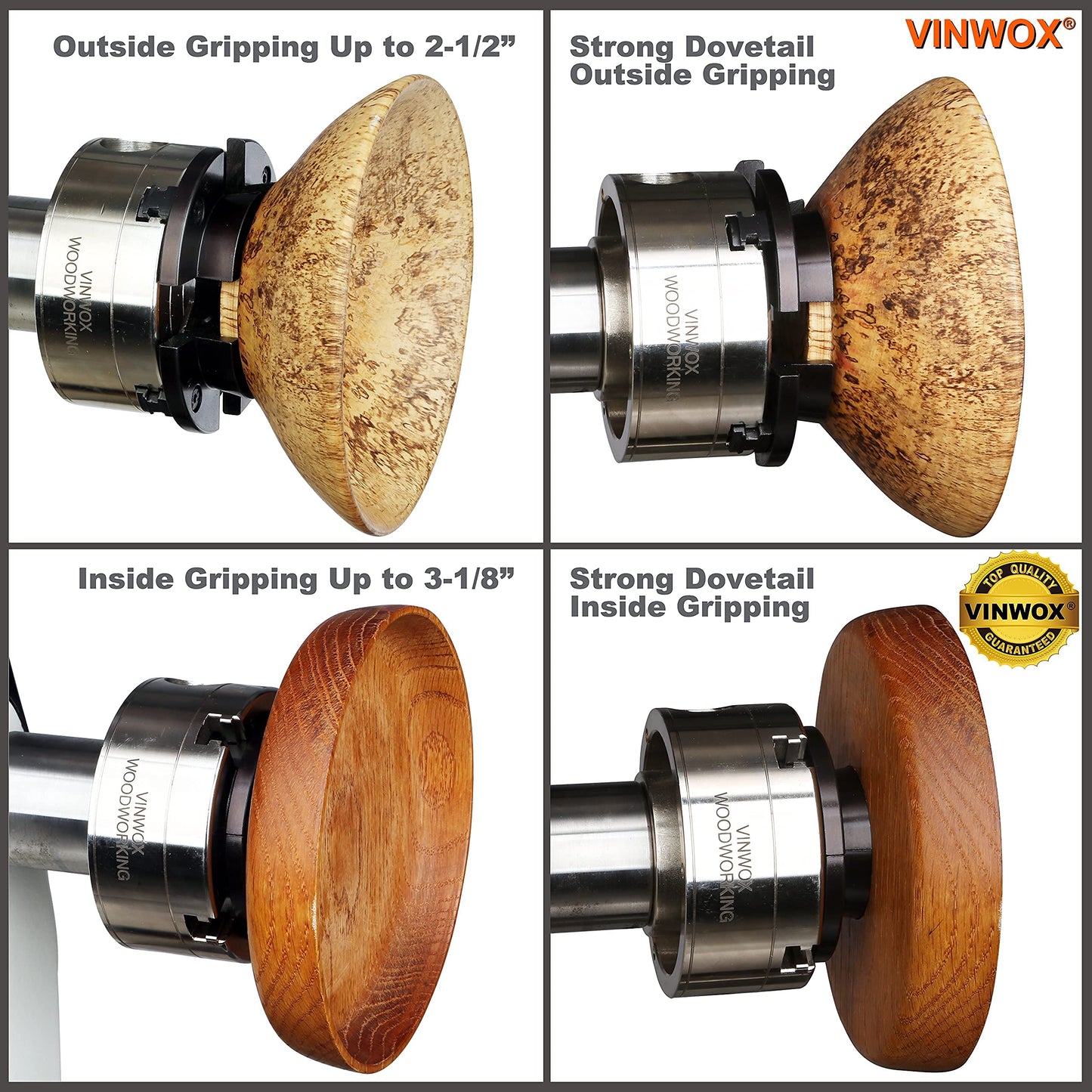 VINWOX 3-3/4INCH 4-Jaw Self-Centering Wood Lathe Chuck, 2" Round Jaw Mounted, 1"x8TPI thread & 3/4"x16TPI Adapter, Tightening Key, T Allen Wrench, Screw Chuck, SCK4-3.75, Nickle electric Coating Body