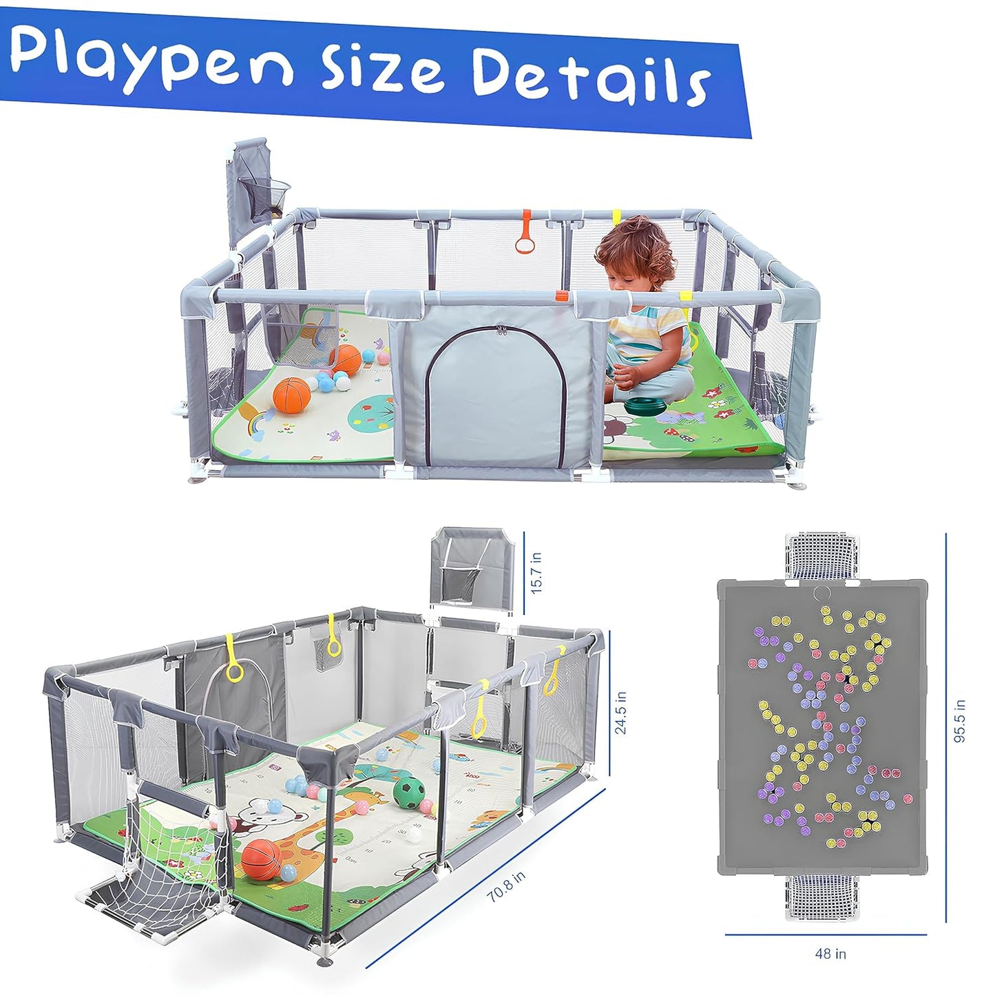 Upgraded Playpen - Enhanced Thick Foldable Mat, Balls, 4 Rings, Storage Bag & Sports Nets - BPA-Free & Safe
