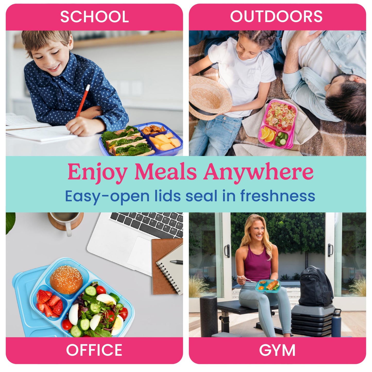 Bentgo Easyboxes - Original Stackable Lunch Boxes - Reusable 3-Compartment Food Containers for Kids and Adults - Bento Lunch Box for Meal Prep, School, & Work - BPA Free, Set of 10 (Jewel Brights)