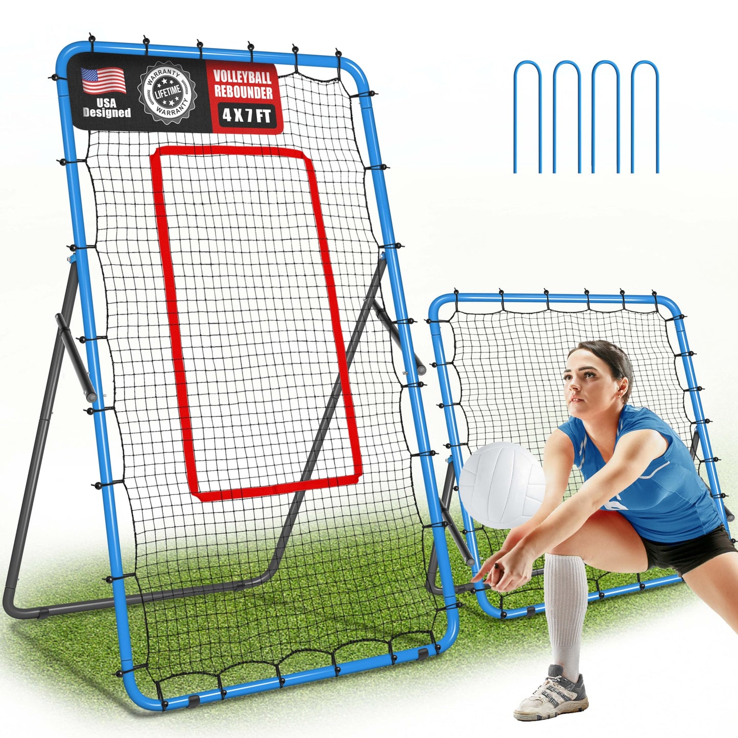 JOLORLY 2-in-1 Volleyball Rebounder Net, Adjustable 7×4 ft to 4.5×4 ft Bounce Back Training Rebound Equipment with Angle Customization for Volleying, Bumping, Spiking Practice (Blue)