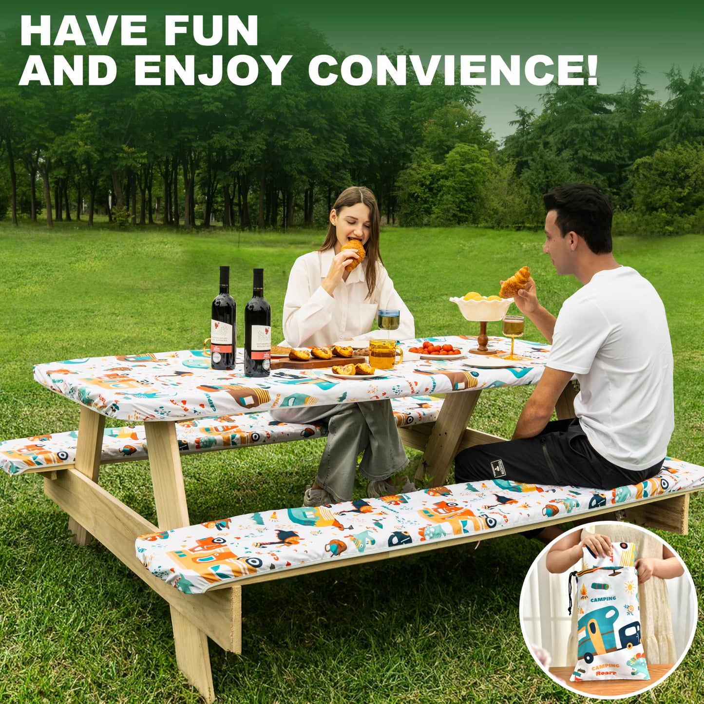 Jolly Camper 72 X 30 Inch Elastic Fitted Camping Table Cover with Bench Covers & Storage Bag, Picnic Tablecloth, Fits 6ft Picnic Tables, Polyester, Washable, Spill Resistant, Waterproof - Dino