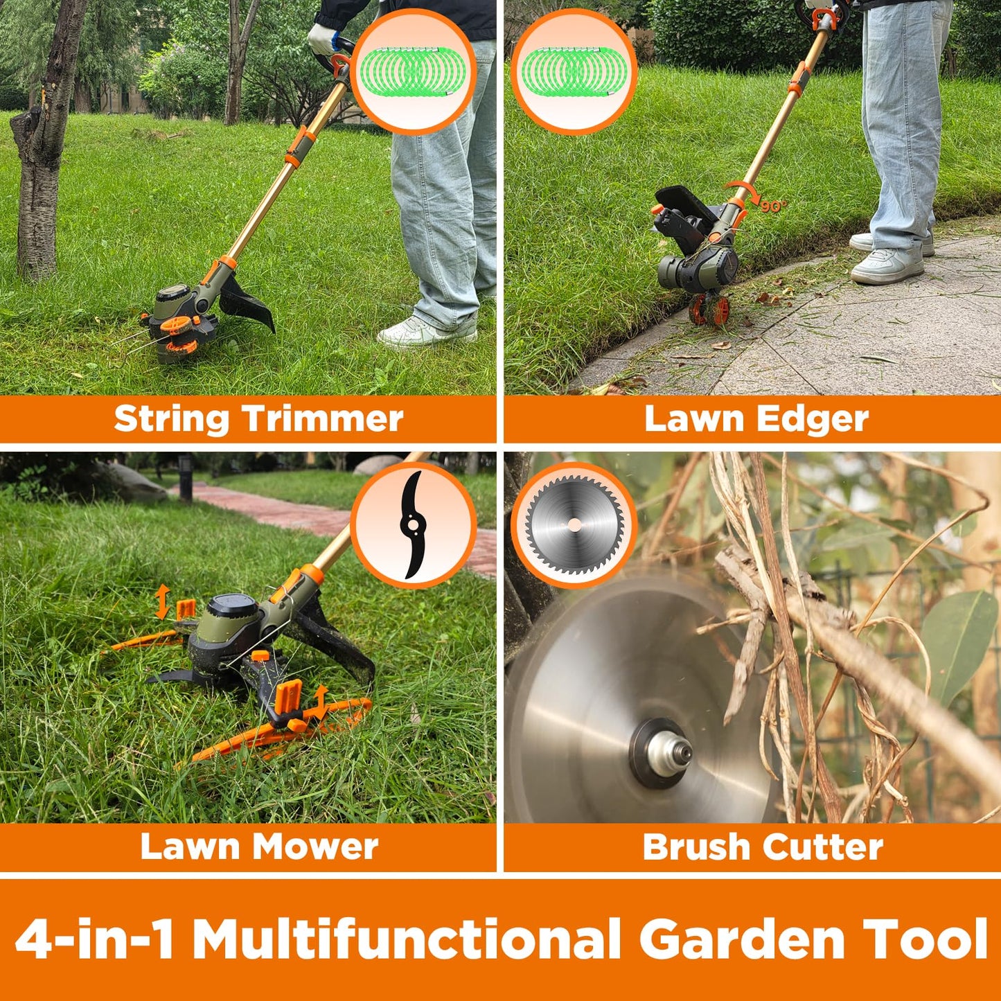 WeGofly 14" Electric Weed Wacker, 4 in 1 Cordless String Trimmer/Lawn Edger/Lawn Mower/Brush Cutter with Steel Gears, 2×21V 6.0Ah Batteries & Charger, Lightweight Grass Trimmer for Yard Garden