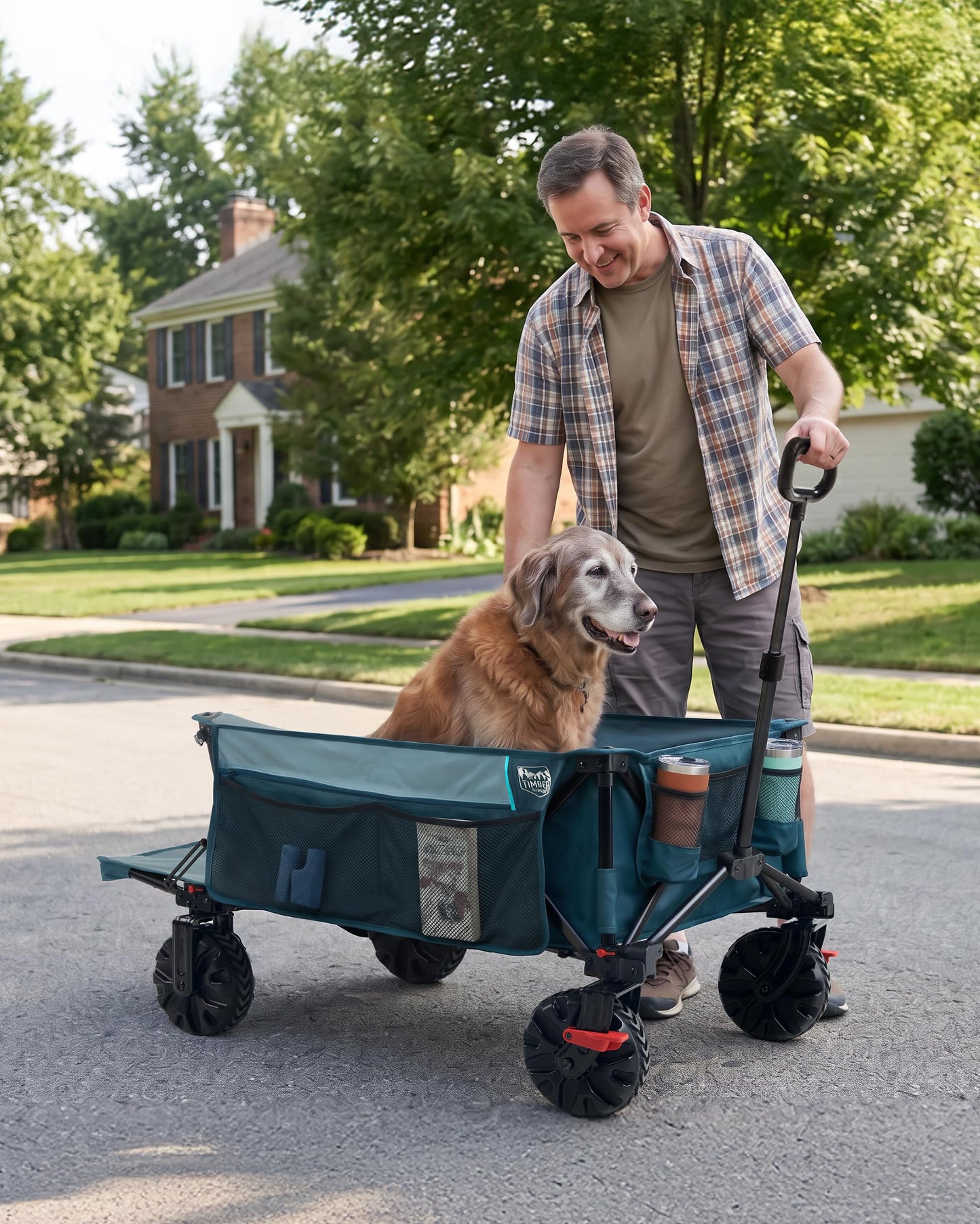 TIMBER RIDGE 600L Beast Wagon 26" W Extra Wide All Terrain Folding w/Big Wheels, Cargo Net & Tailgate, 26" W and 55.25" L, 400lbs Heavy Duty Collapsible Portable Cart for Camping, Sports, Dogs, Blue