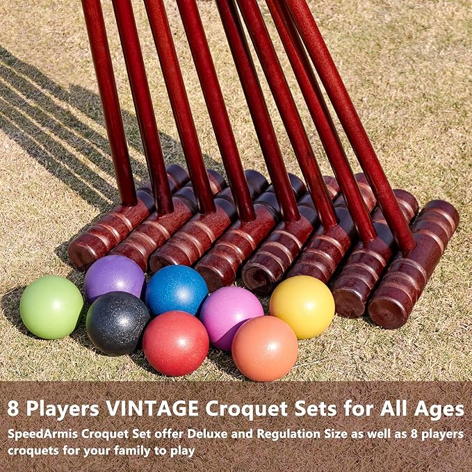 Croquet Set for Adults - 8 Players Croquette Kit with 35In Deluxe, 32In Regulation Size Rubber Wood Mallets, Colored PE Ball, Wickets, 24In End Stakes, Lawn Backyard Game for Families