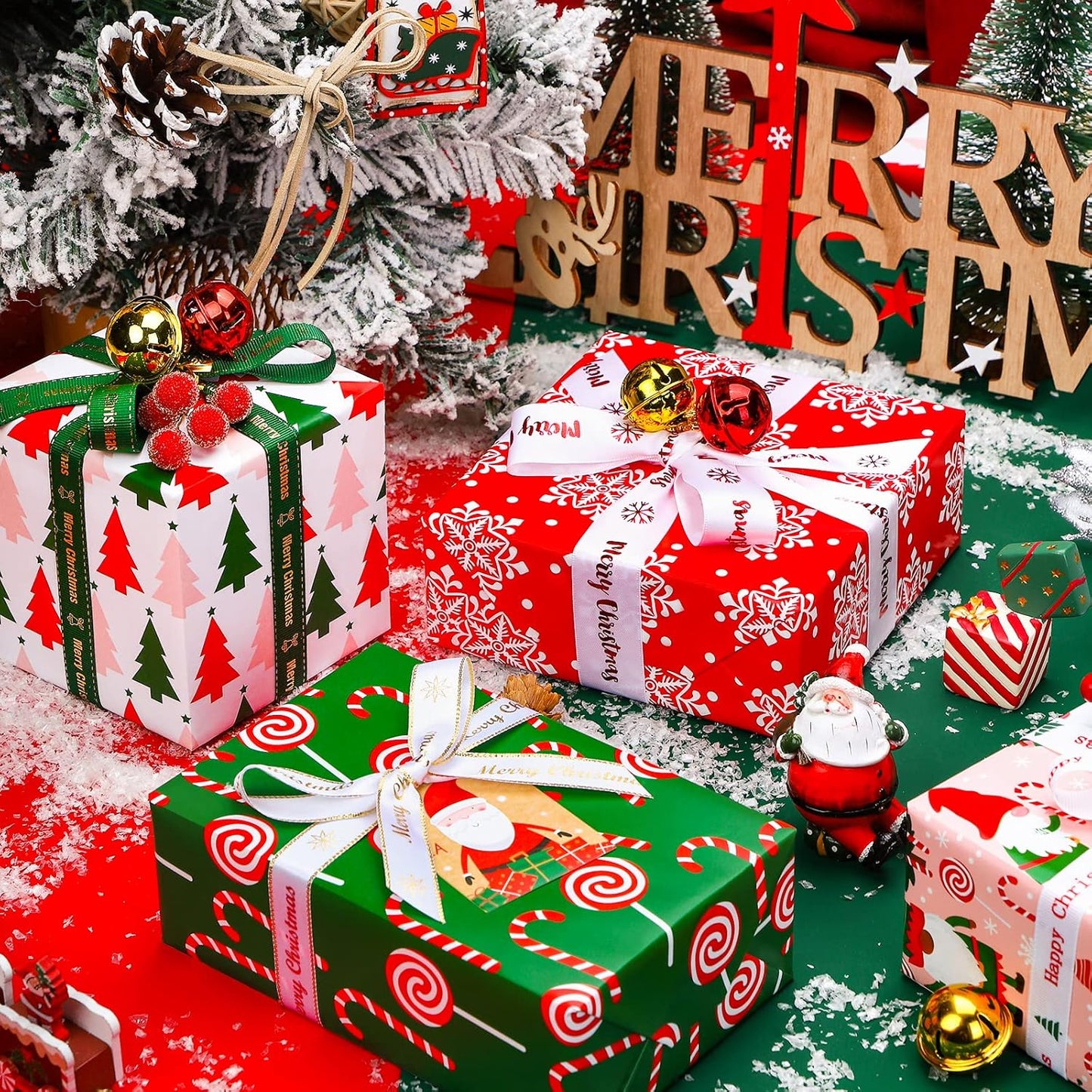 WRAPAHOLIC Christmas Wrapping Paper Roll - Jumbo 30 Inch Gnome Elf Holiday Collection | 4 Rolls, Red, Green, Pink