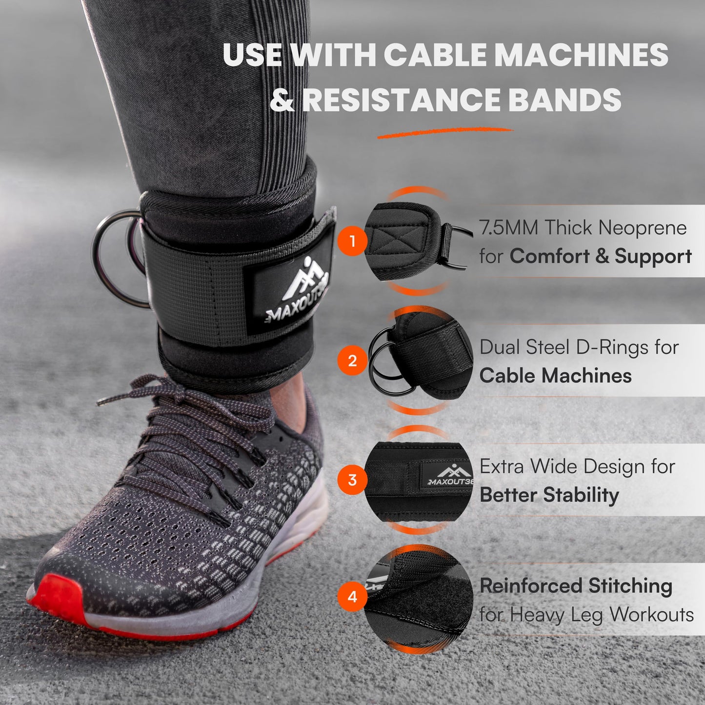 MaxOut360 Gym Ankle Straps for Cable Machines, Thick Padded Ankle Cuff Cable Attachment for Booty Workouts, Kickbacks, Hip Abductors, Lower Body Exercises, Black Pair