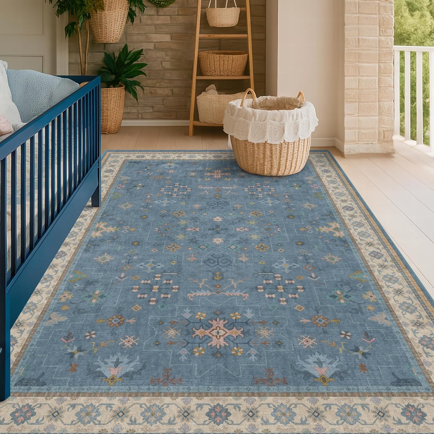 Skiennix Washable 5x7 Blue Kids Room Rug - Colorful Boho Low-Pile Carpet with Non-Slip Back