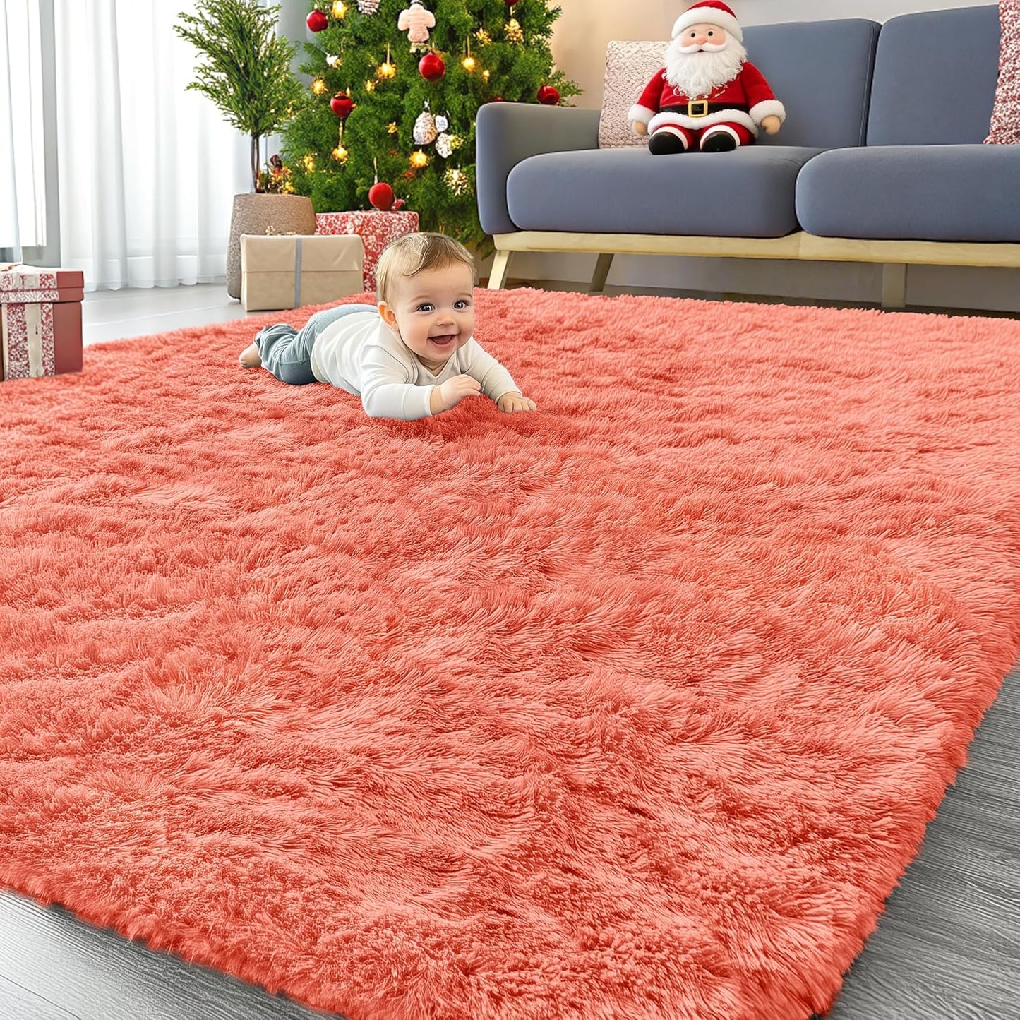 OLANLY 8x10 Large Area Rug - Soft Fluffy Shaggy Carpet for Living Room & Bedroom | Coral Red