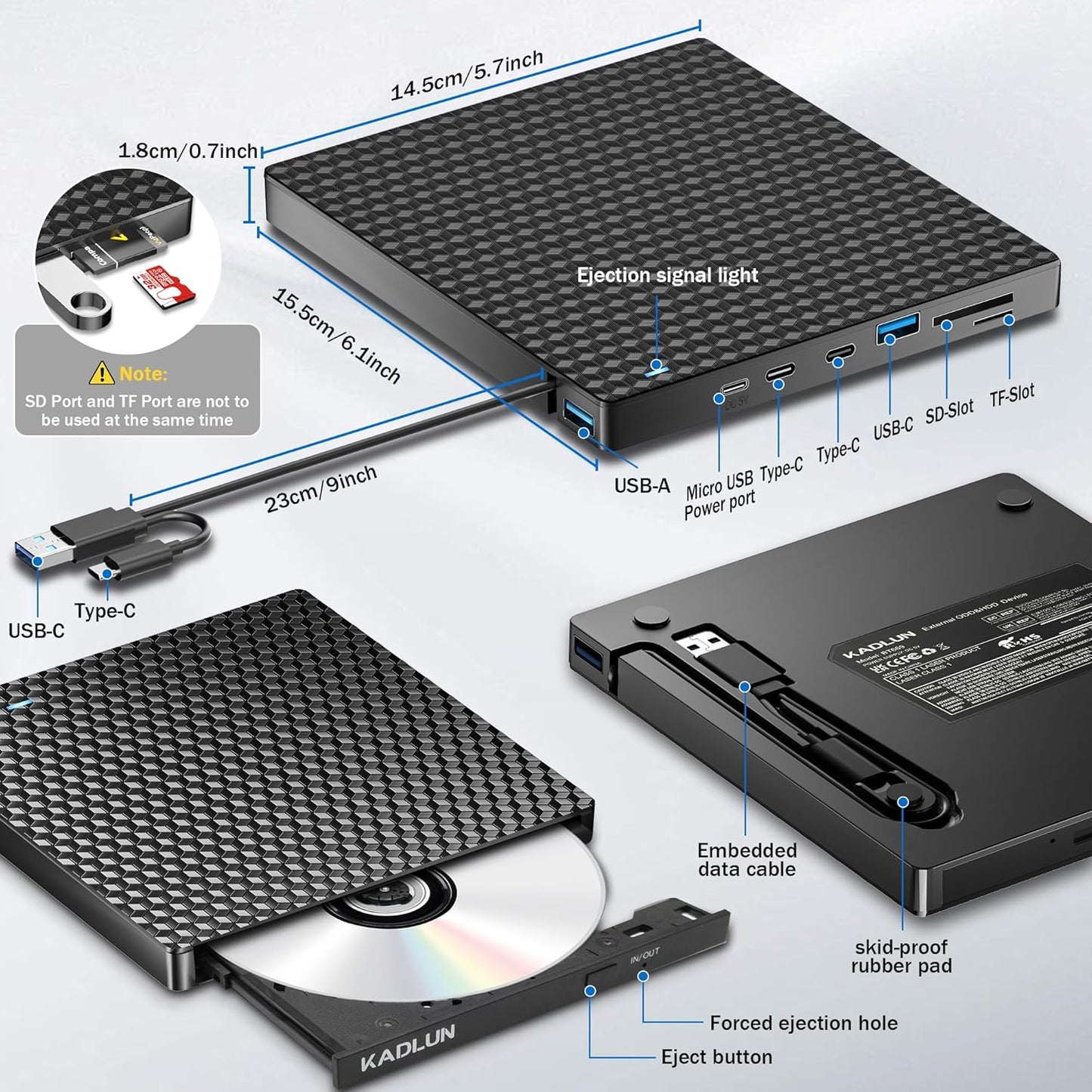 Kadlun 3.0 Drive,4 2 11/10/8/7/XP External CD DVD Drive for Laptop, USB Optical Disc USB Ports and TF/SD Card