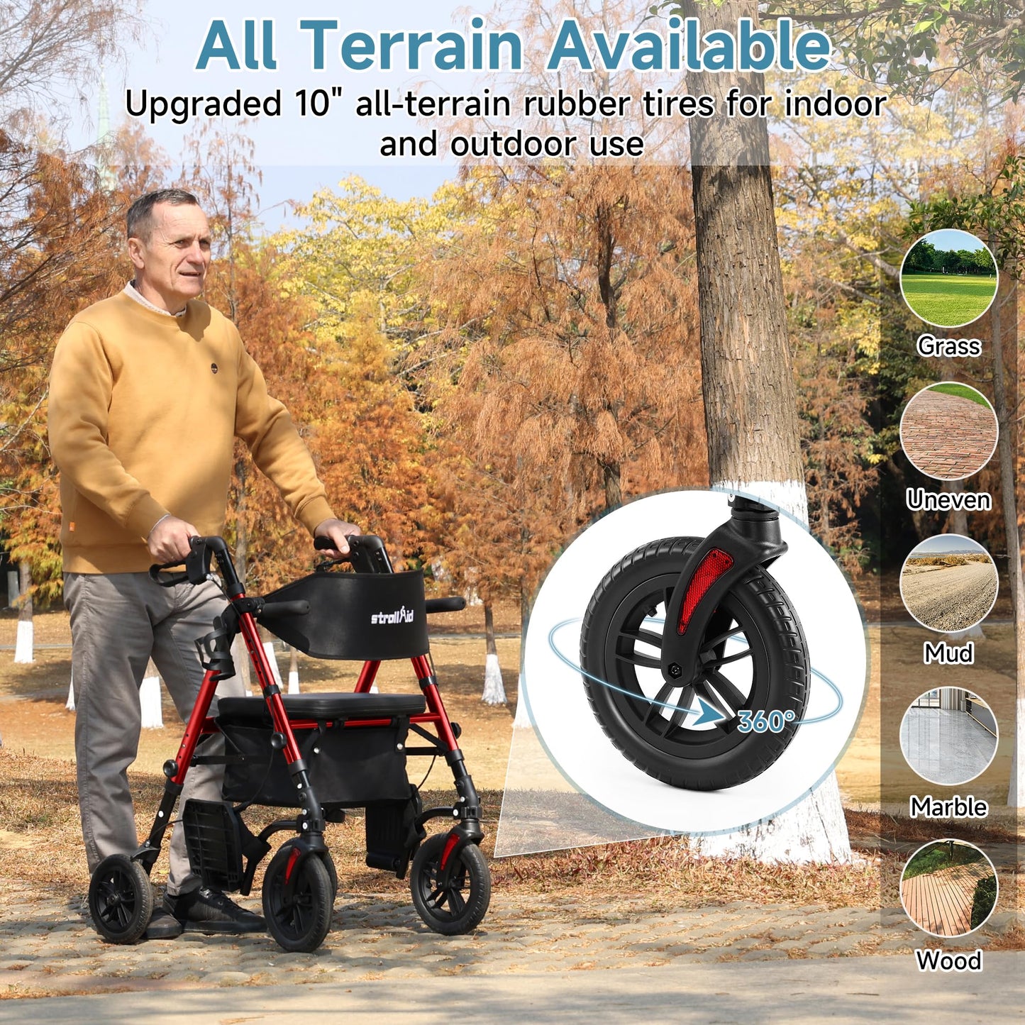 StrollAid Walkers for Seniors, 2 in 1 Rollator Wheelchairs Combo 10" Big Wheels Walker with Seat, Rollator Transport Chair with Brakes Folding Rolling Walker for Adults, Red