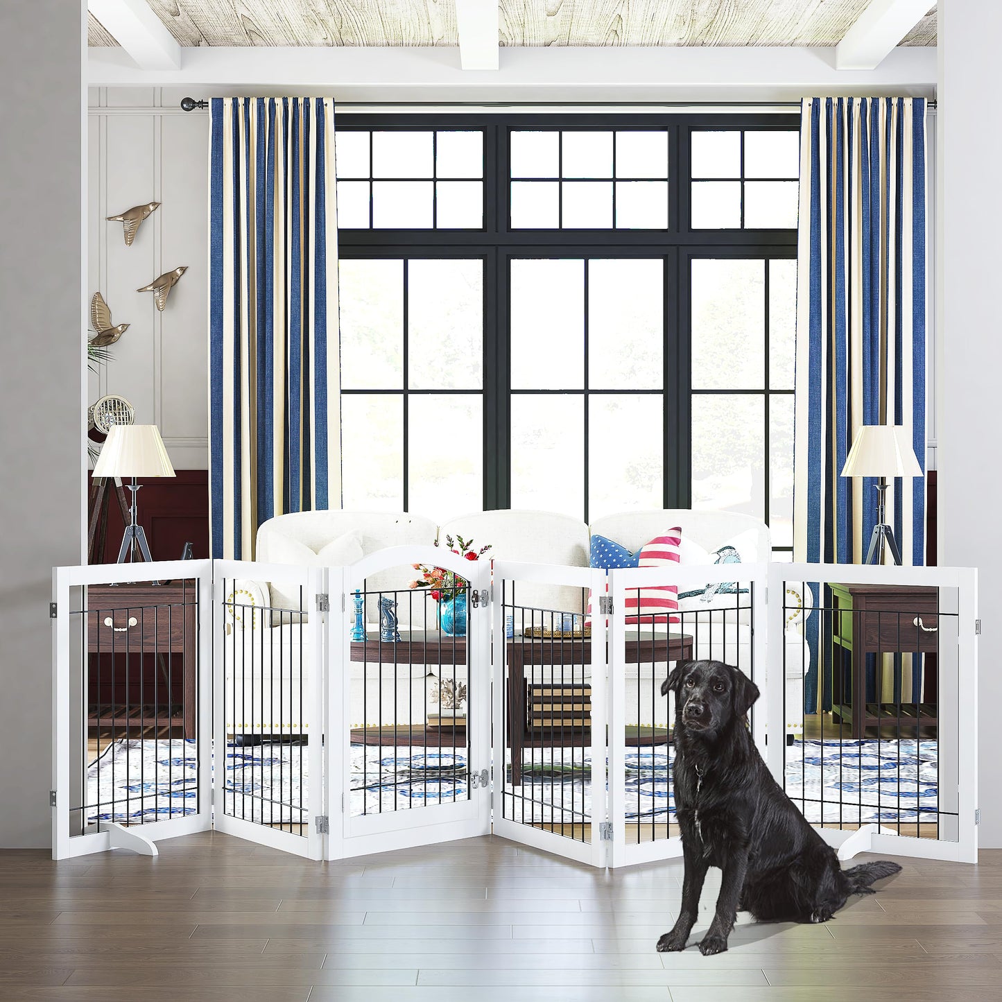 PAWLAND 144-inch Extra Wide 30-inches Tall Dog gate with Door Walk Through, Freestanding Wire Pet Gate for The House, Doorway, Stairs, Pet Puppy Safety Fence, Support Feet Included, White,6 Panels