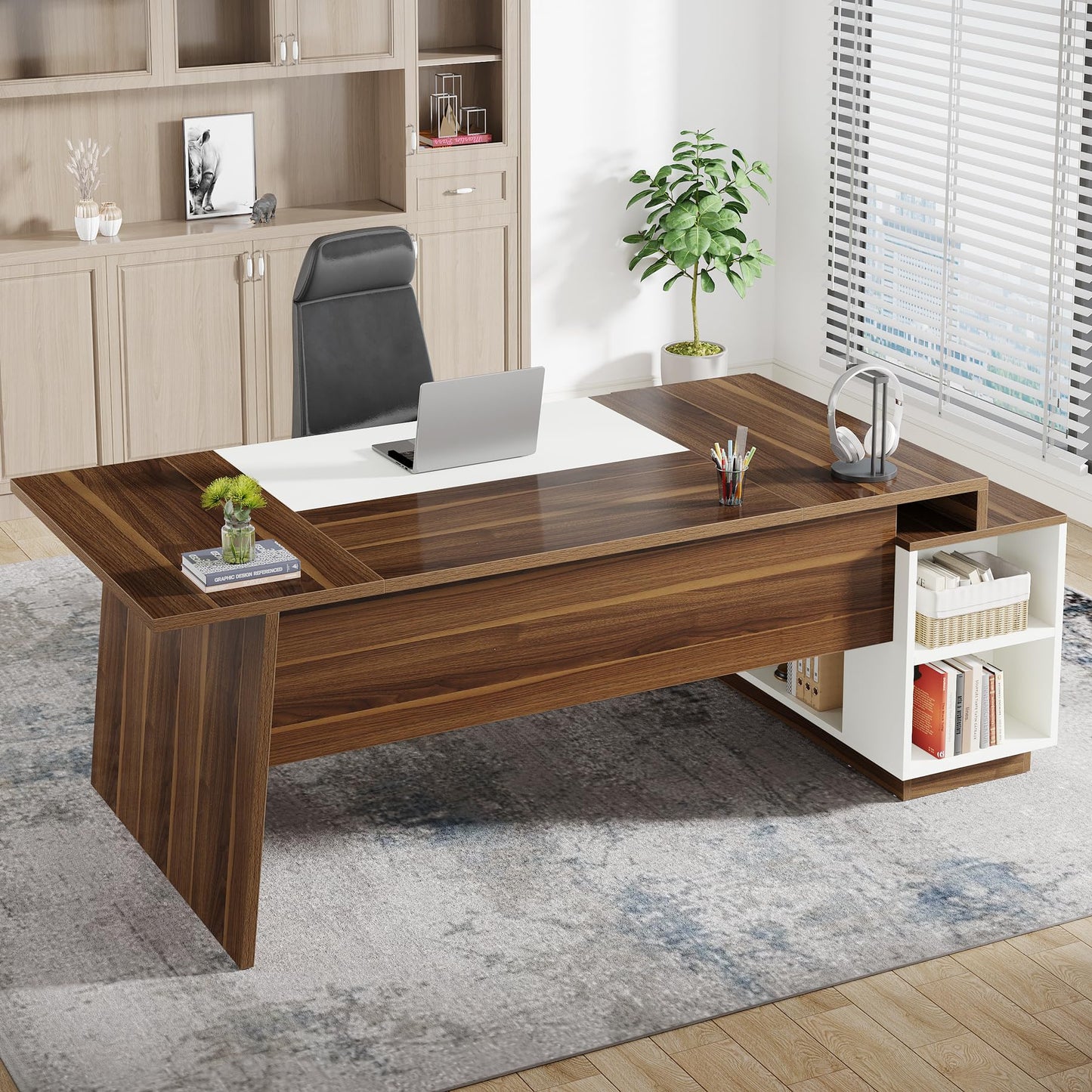 Tribesigns L-Shaped Executive Office Desk, 70.5-Inch Mid-Century Modern Executive Desk with Storage Cabinet and Shelves, Large Computer Desk for Home Office, Brown + White