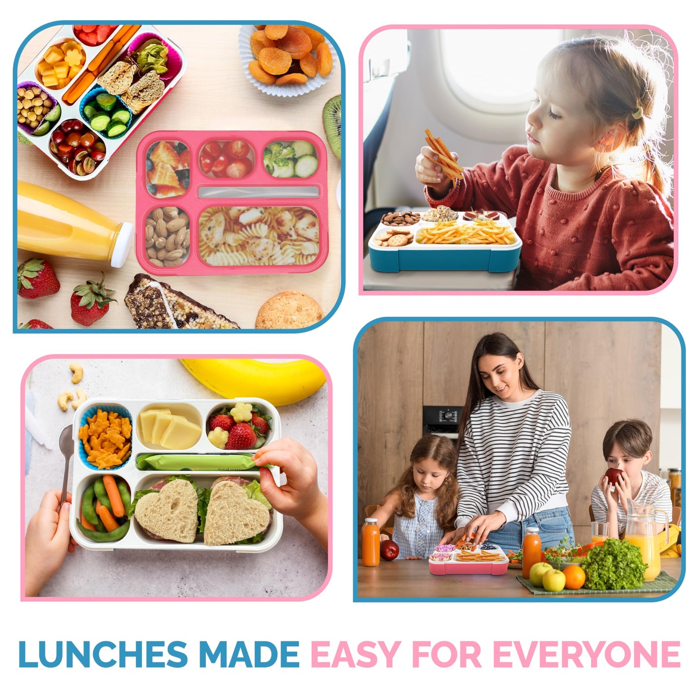 6 Compartment Lunch Boxes. Bento Box Lunchbox Containers for Kids, Boys Girls Adult. BPA-Free Microwave Safe School Bentobox Meal Planning Portion Container. Leakproof. Set of 2 Blue & Pink Kits