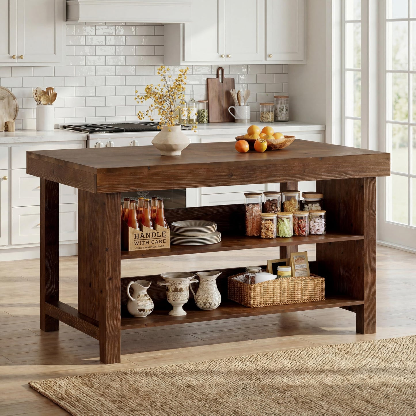 TRIBEWOOD 55" Solid Wood Kitchen Island with Storage, Farmhouse Kitchen Island Table with 3-Tier Open Shelves and Large Countertop for Kitchen, Dining & Living Room, Walnut