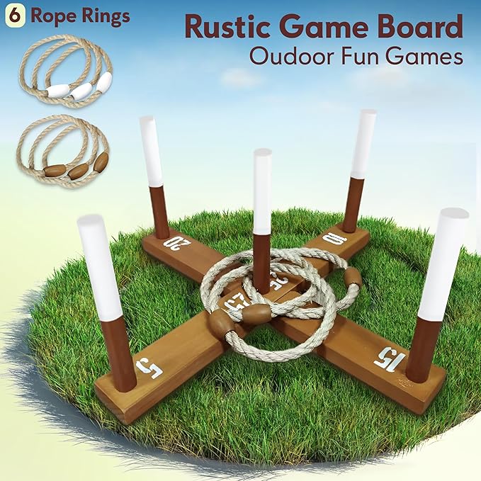 Outdoor Ring Toss Game for Adults - Perfect Lawn and Backyard Game for Adults and Family - Outdoor Yard Games for Fun Activities on Easter and Festivals - Wooden Ring Toss with Carrying Case