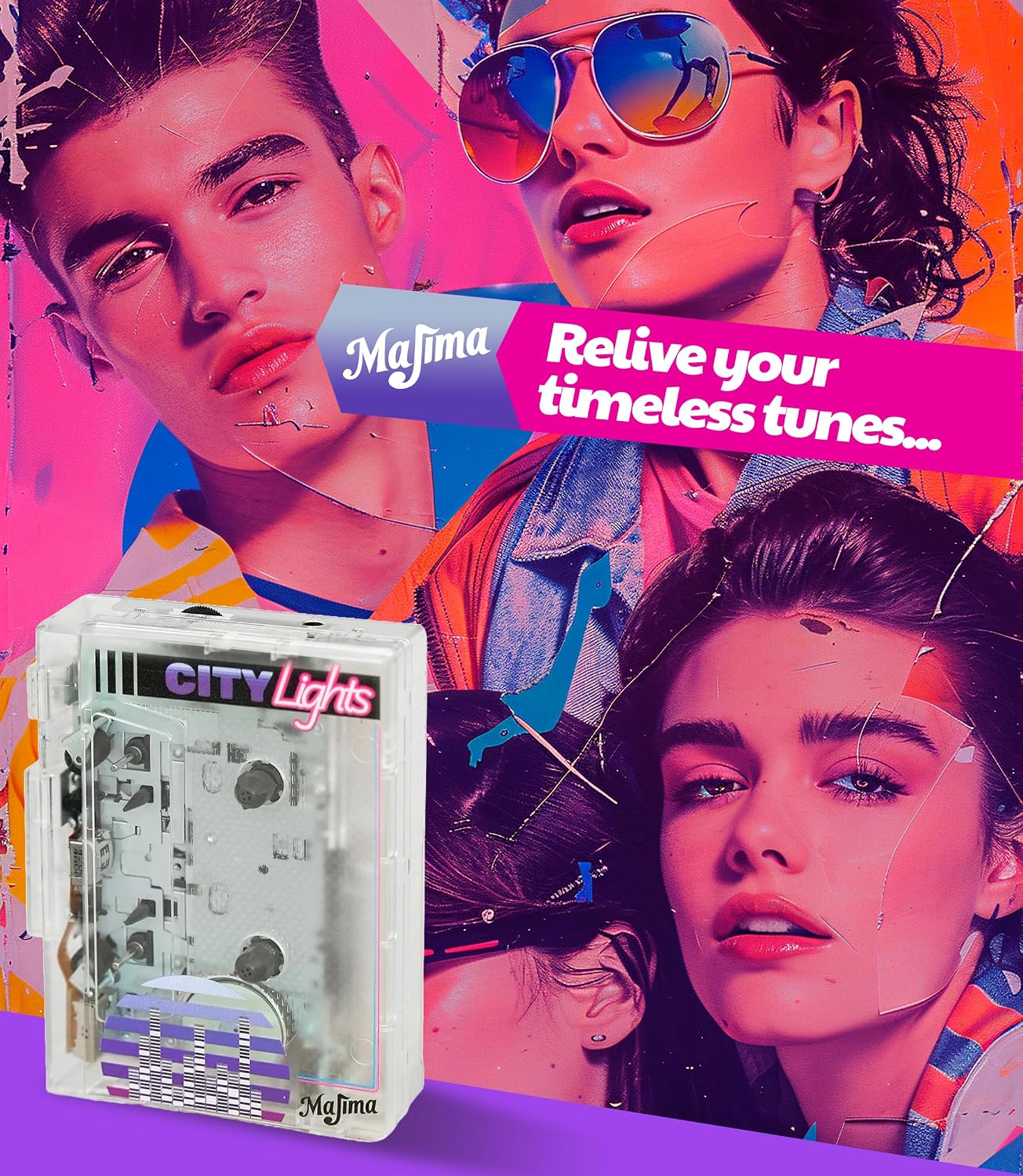 Majima Design Cassette 80s 90s Bluetooth Player with FM Radio Transparent Portable Design Retro Audio Gift Supports USB